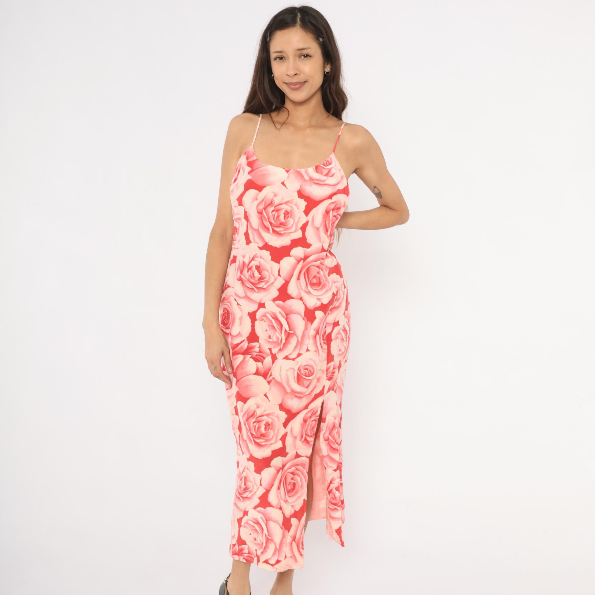 Y2K Neiman Marcus Silk Rose Print Slip Dress Pink Red Midi Slit Small S