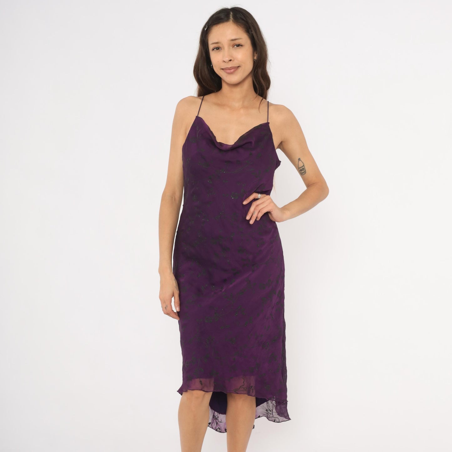 Y2K Purple Cowl Neck Slip Dress Floral Chiffon Overlay Spaghetti Strap Extra Large XL