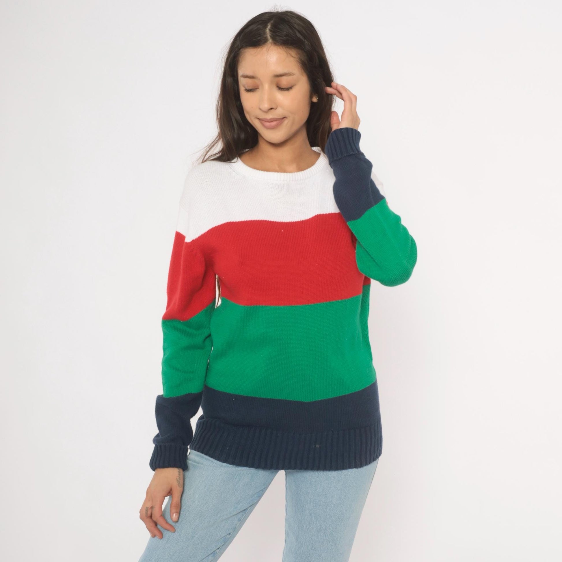 90s Boston Traders Color Block Knit Sweater Navy Green Red White Medium M