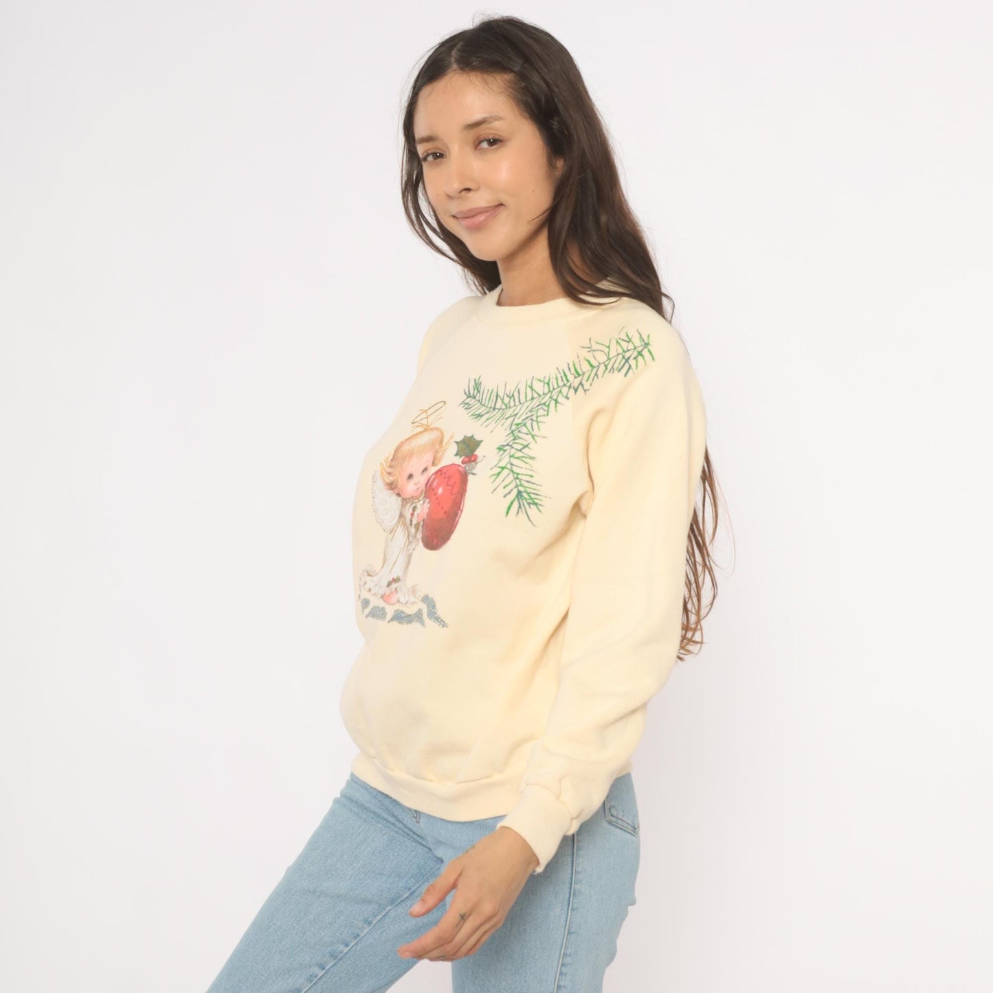 90s Hanes Her Way Christmas Angel Sweatshirt Cream Raglan Graphic Large L
