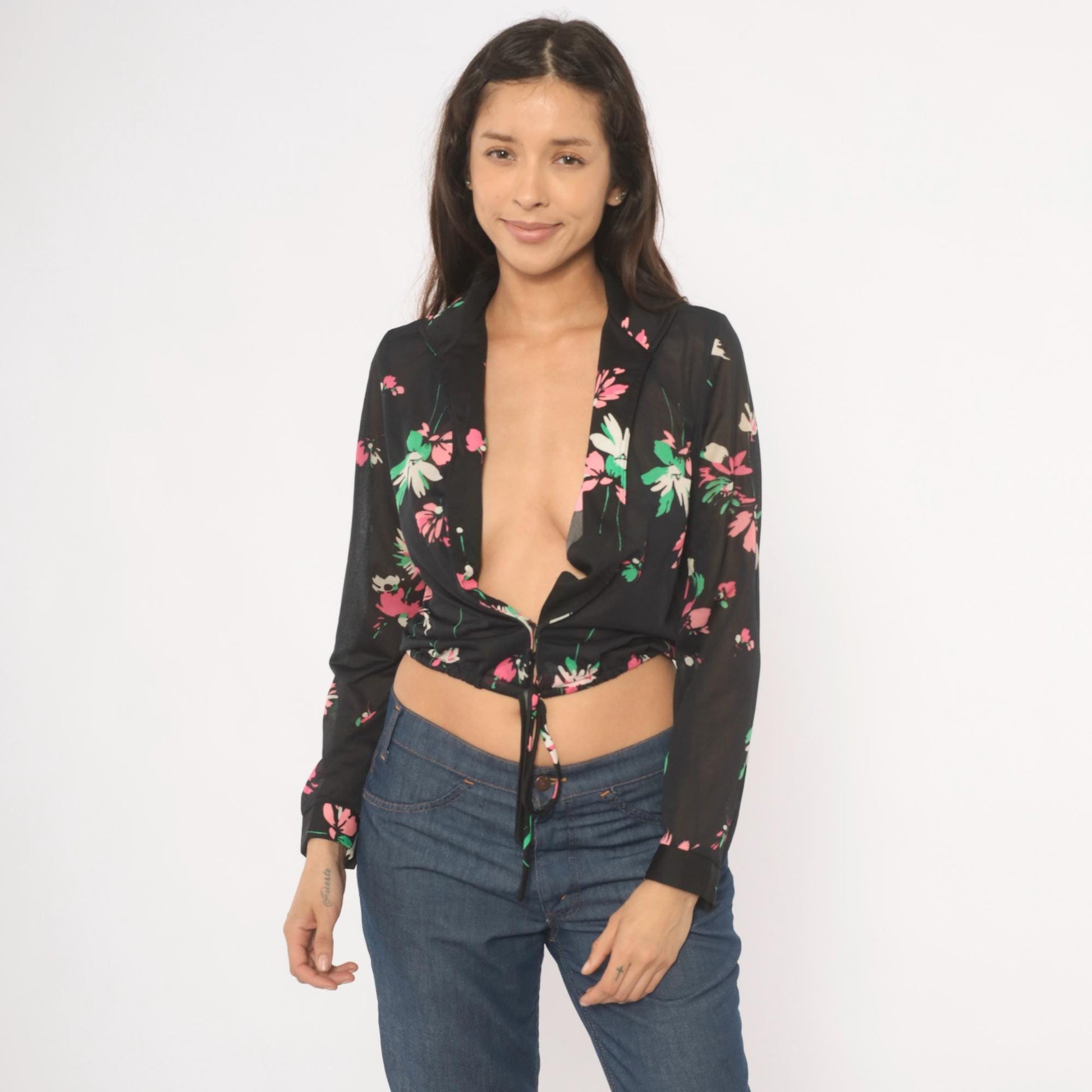 70s Black Floral Tie-Front Blouse Deep V-Neck Long Sleeve Medium M