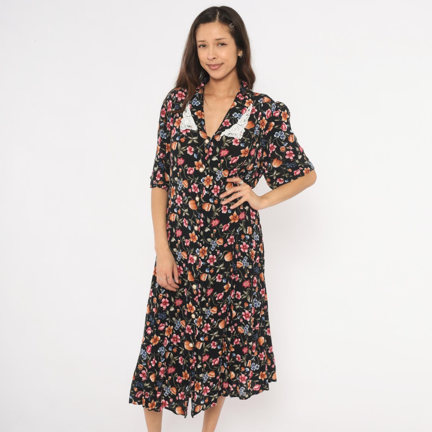 90s Basia Floral Midi Dress Black Lace Collar Pearl Buttons Medium