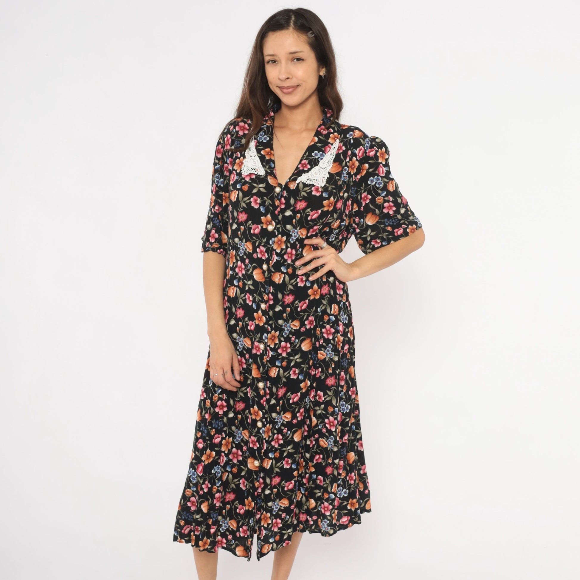 90s Basia Floral Midi Dress Black Lace Collar Pearl Buttons Medium