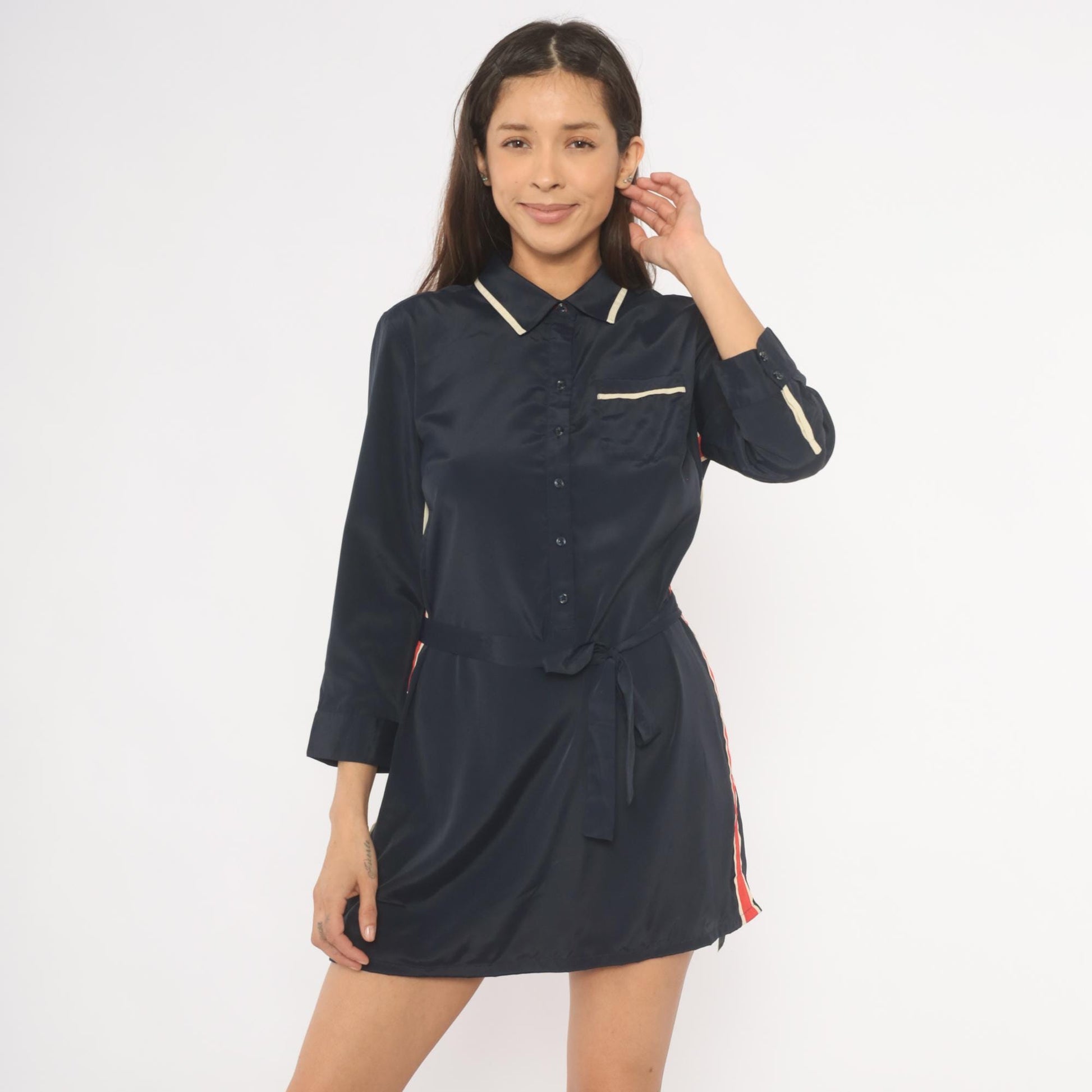 Tommy Hilfiger Navy Mini Dress 2000s Striped Collared Shirt Dress Medium M