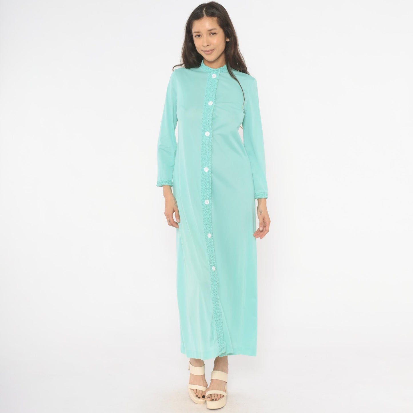 70s Loungewear by Gossard Mint Maxi Housecoat Smocked Ruffle Small