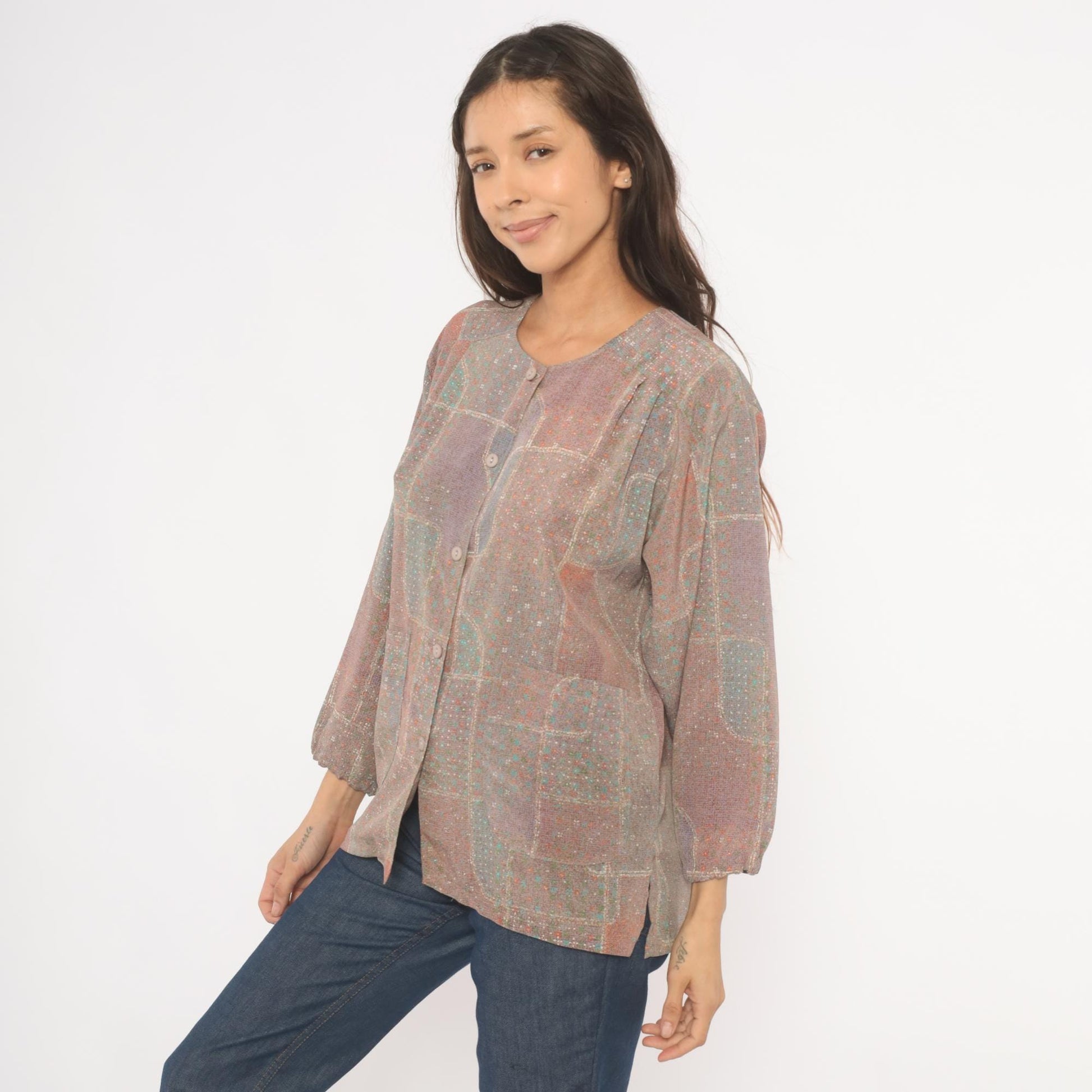 90s Patchwork Print Button-Front Blouse Grey Purple Geometric Large L