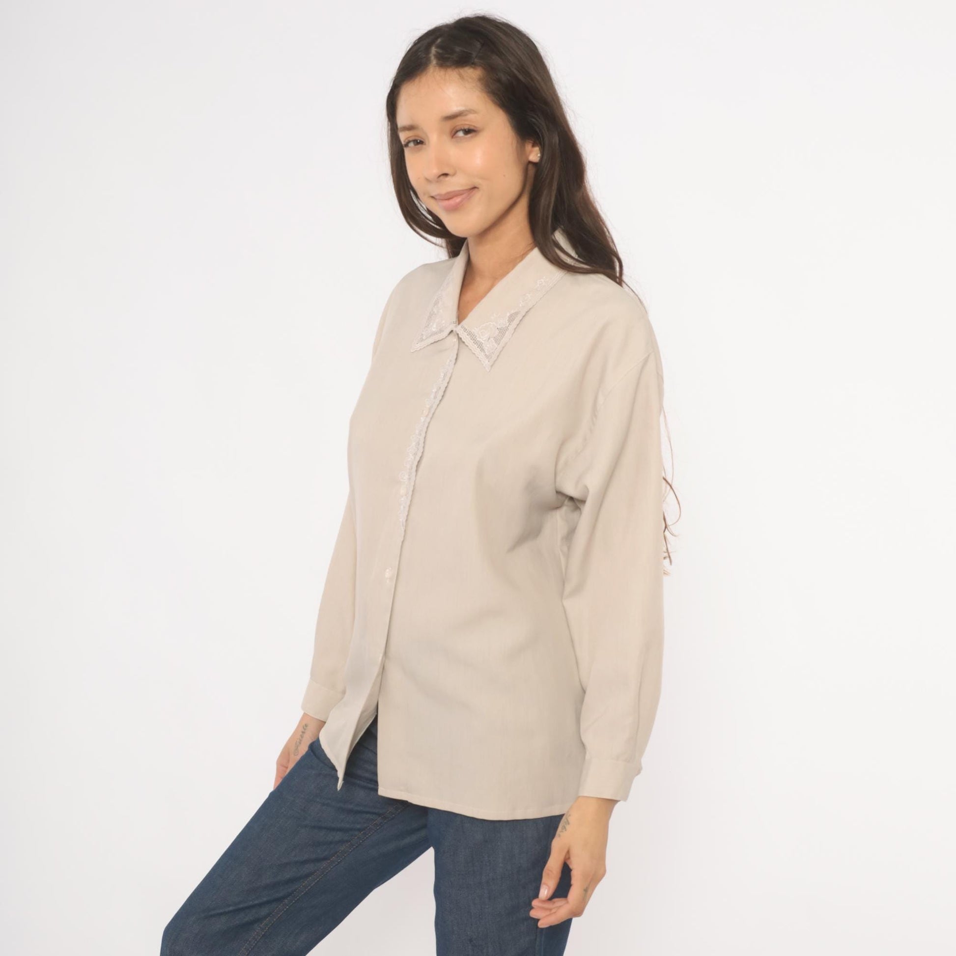 2000s Cream Lace Collar Cotton Blouse Floral Embroidery Long Sleeve Medium M