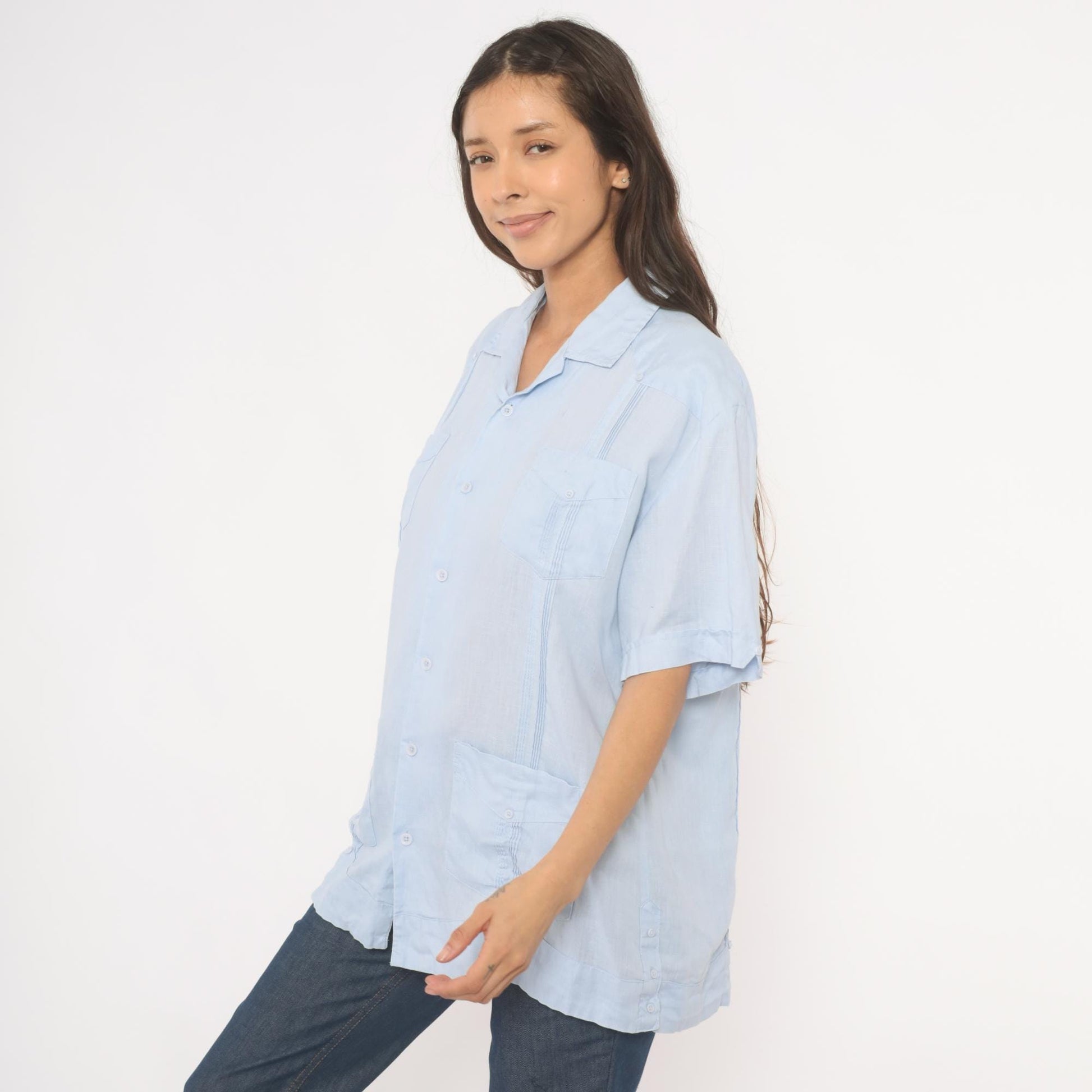 90s Cubavera Powder Blue Linen Camp Collar Shirt Medium M