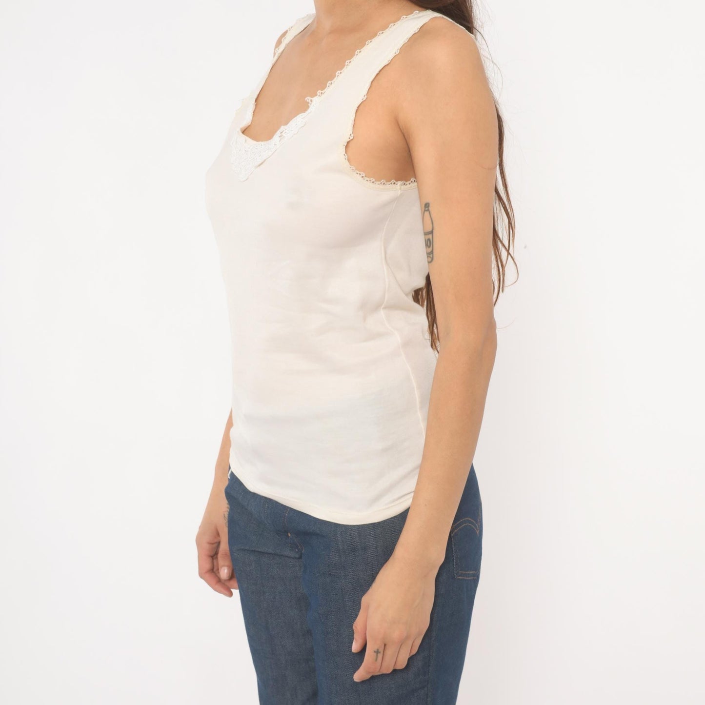 80s Ivory Camisole Lace Trim Scoop Neck Tank Top Small S