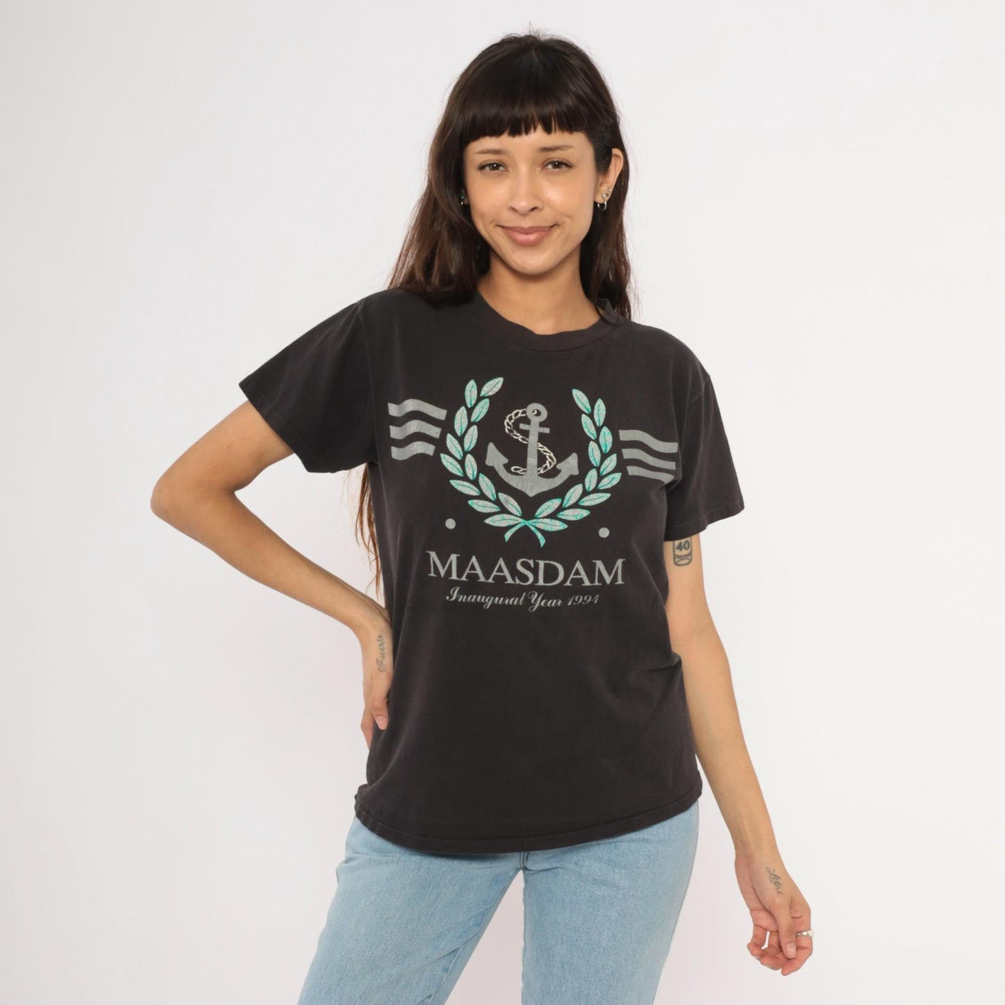 90s MS Maasdam Cruise Ship Graphic Tee Black Cotton Nautical Medium M