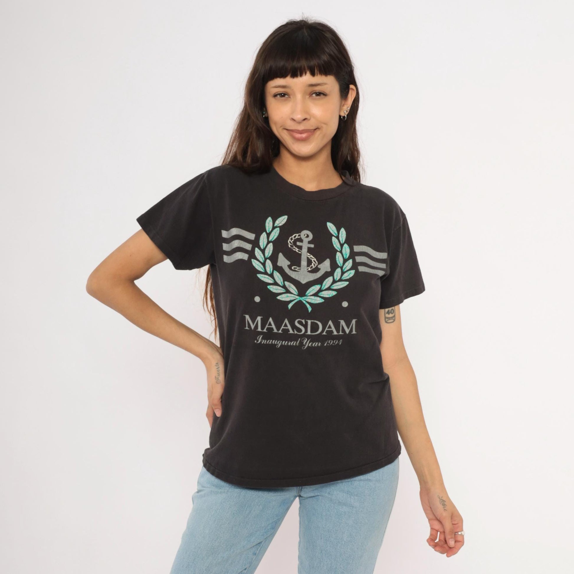 90s MS Maasdam Cruise Ship Graphic Tee Black Cotton Nautical Medium M