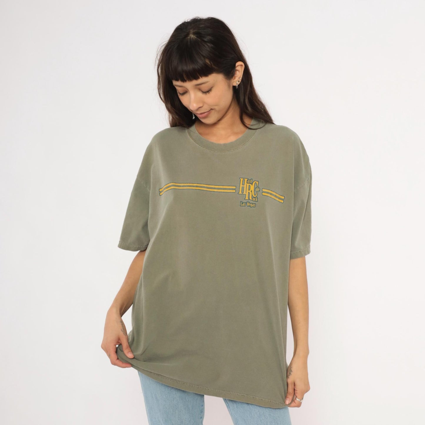 90s Hard Rock Cafe Las Vegas Olive Green Graphic Cotton Tee Extra Large XL