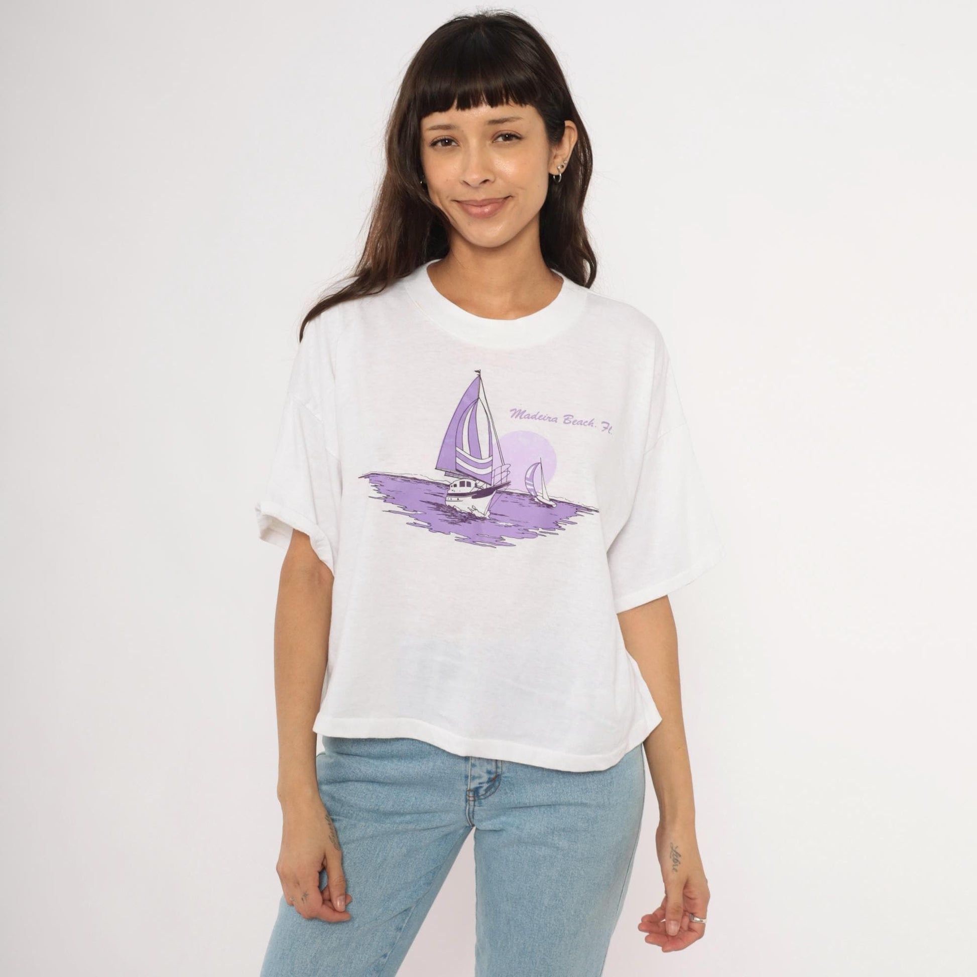 90s Ocean East Sportswear Sailboat Graphic Crop Tee White Purple One Size
