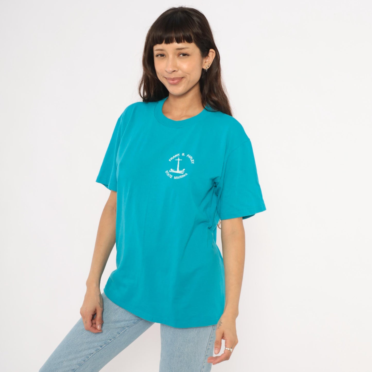 90s Jerzees Frank S. Farley State Marina Anchor Graphic Tee Teal Large L