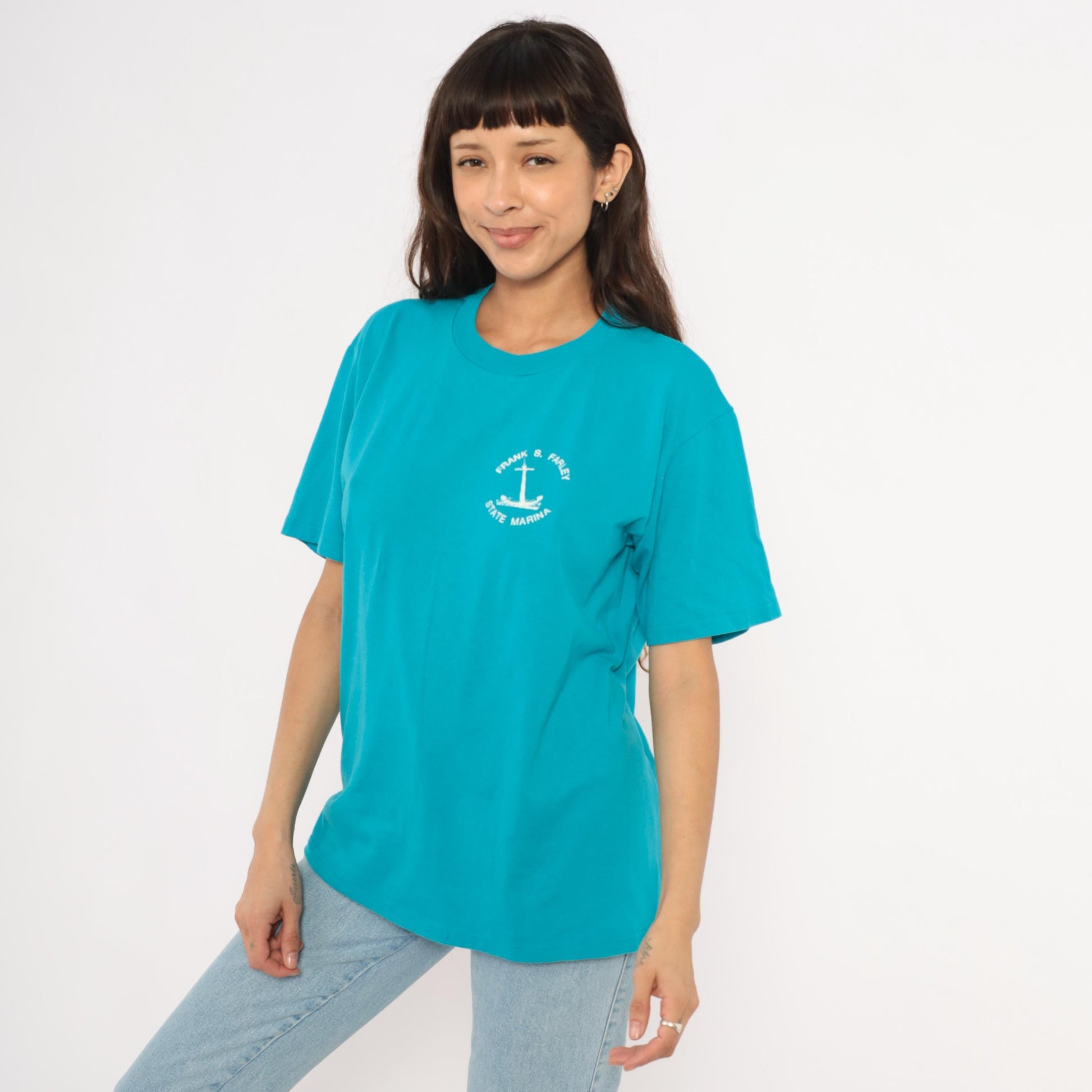 90s Jerzees Frank S. Farley State Marina Anchor Graphic Tee Teal Large L