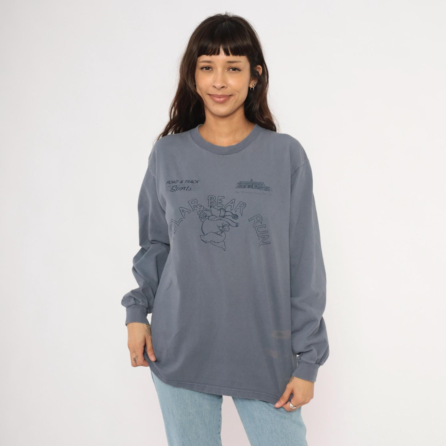90s Anvil Polar Bear Run Graphic Tee Grey Cotton Long Sleeve Large L
