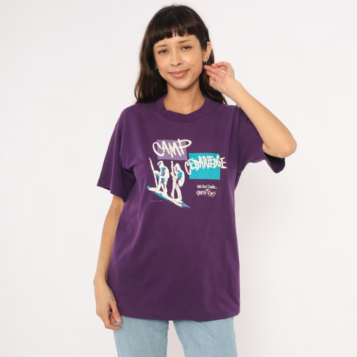 90s Girl Scout Camp Cedarledge Graphic Tee Purple Hiking Print Large L