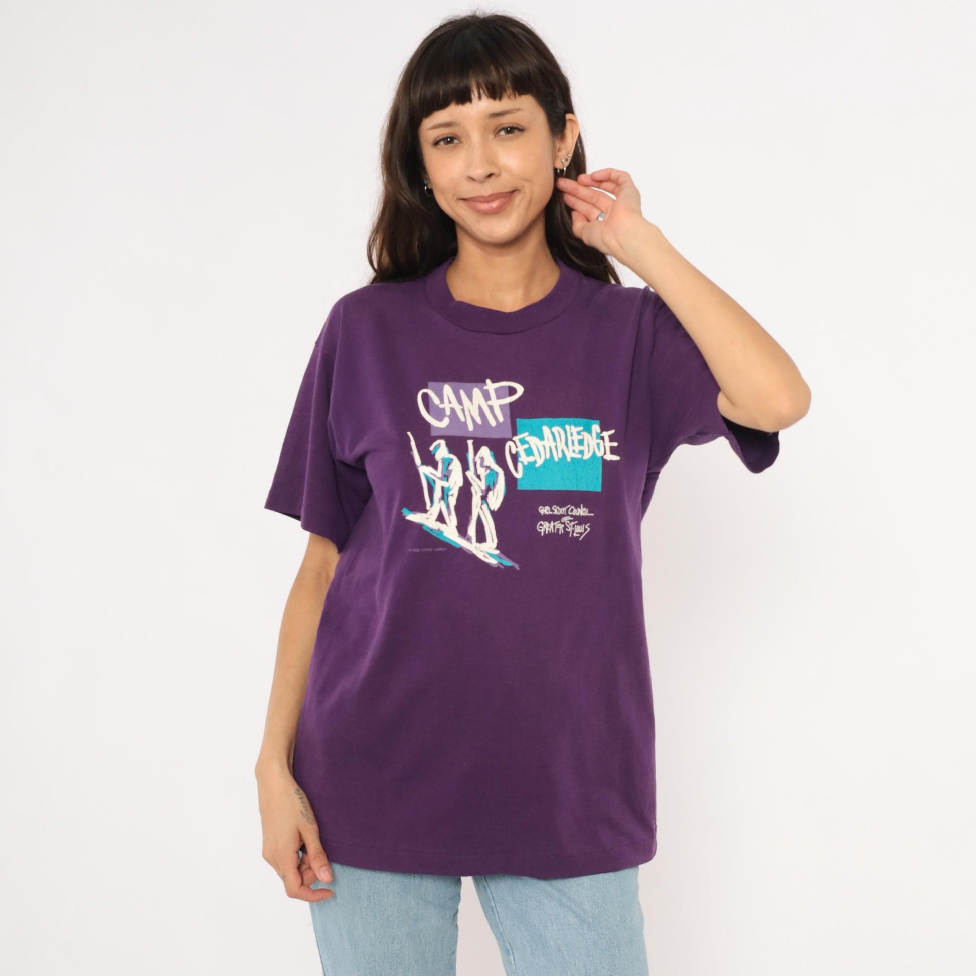 90s Girl Scout Camp Cedarledge Graphic Tee Purple Hiking Print Large L