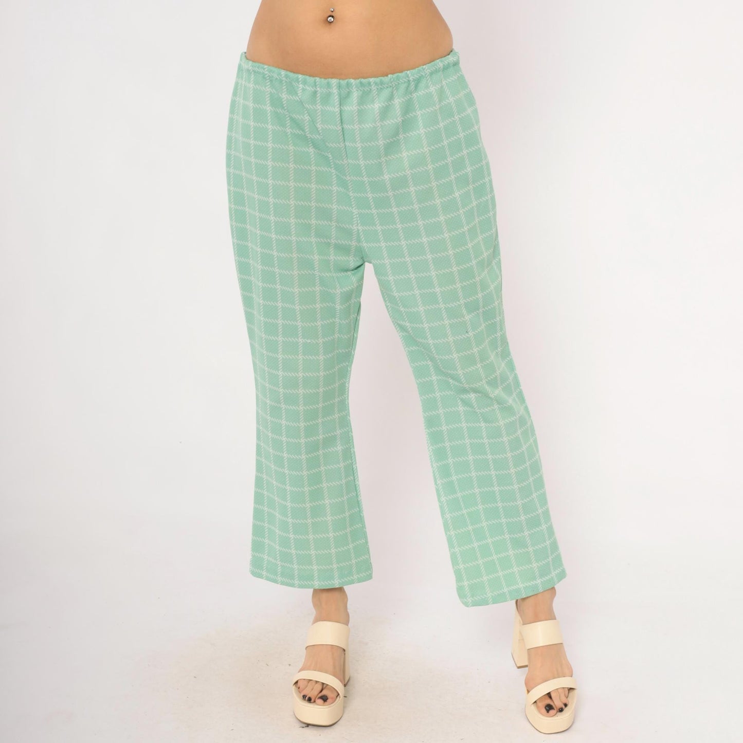 70s Mint Plaid Kick Flare Pants White Windowpane Grid Cropped Medium Large