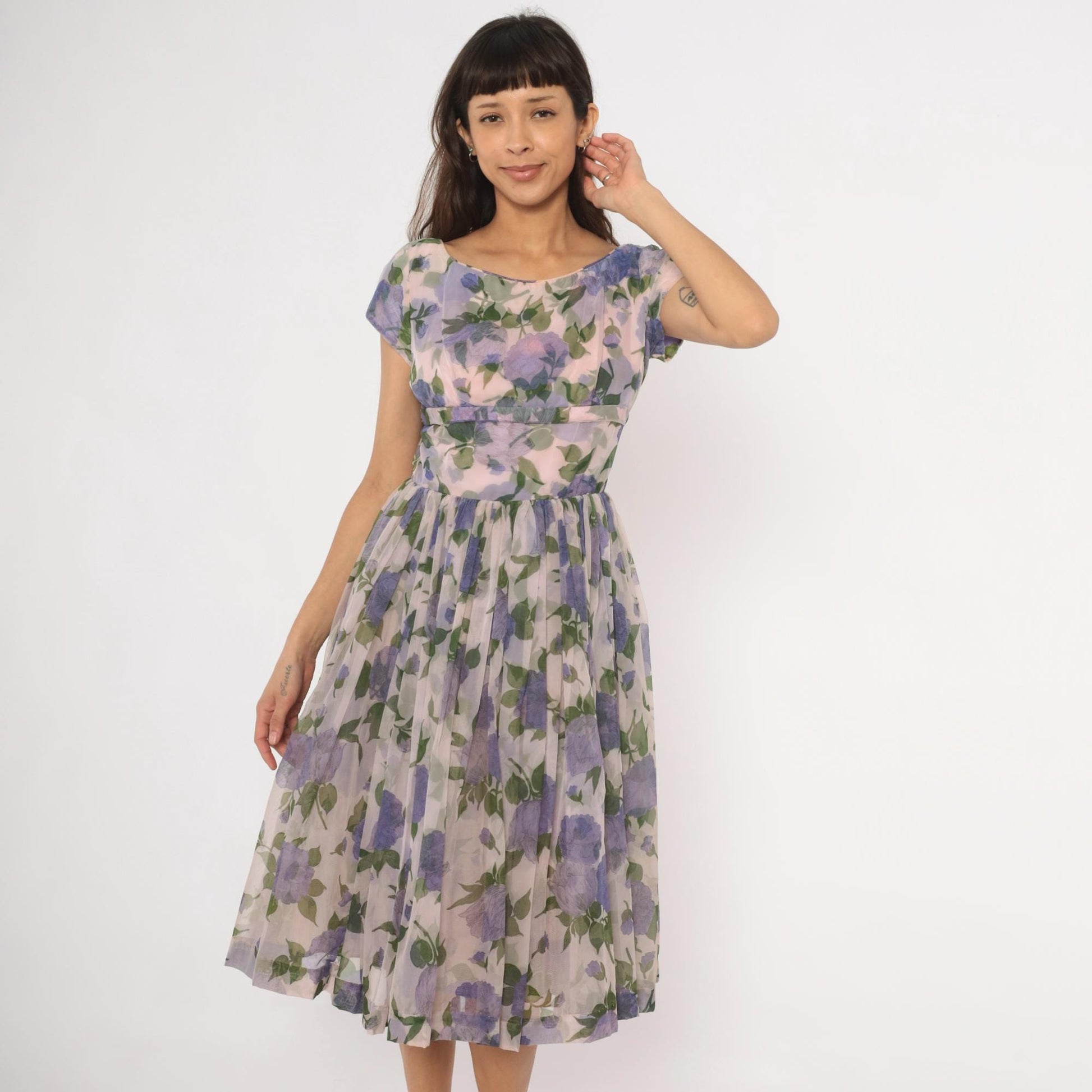 60s Lavender Floral Chiffon Dress Cap Sleeve Fit and Flare Purple Rose Small Medium