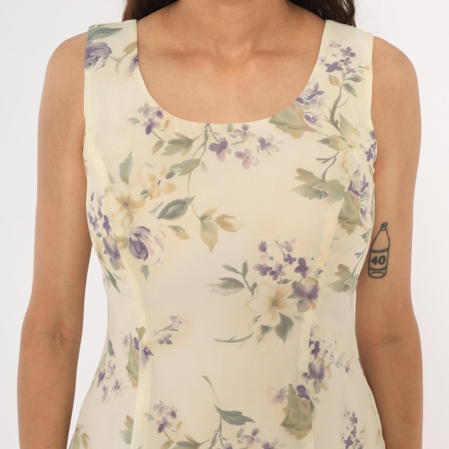 90s Scarlett Floral Chiffon Mini Dress Cream Crossback Scoop Neck Small S
