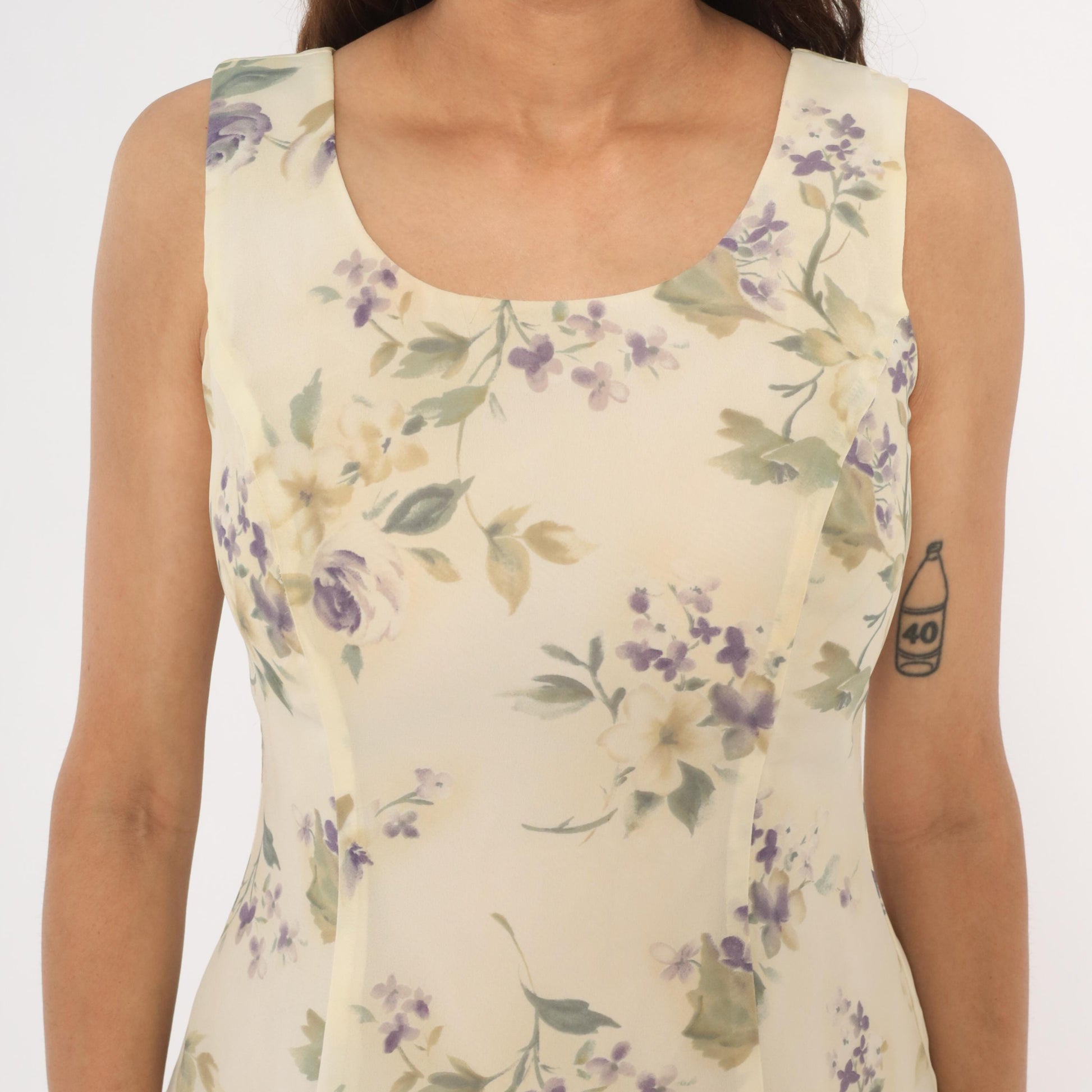 90s Scarlett Floral Chiffon Mini Dress Cream Crossback Scoop Neck Small S