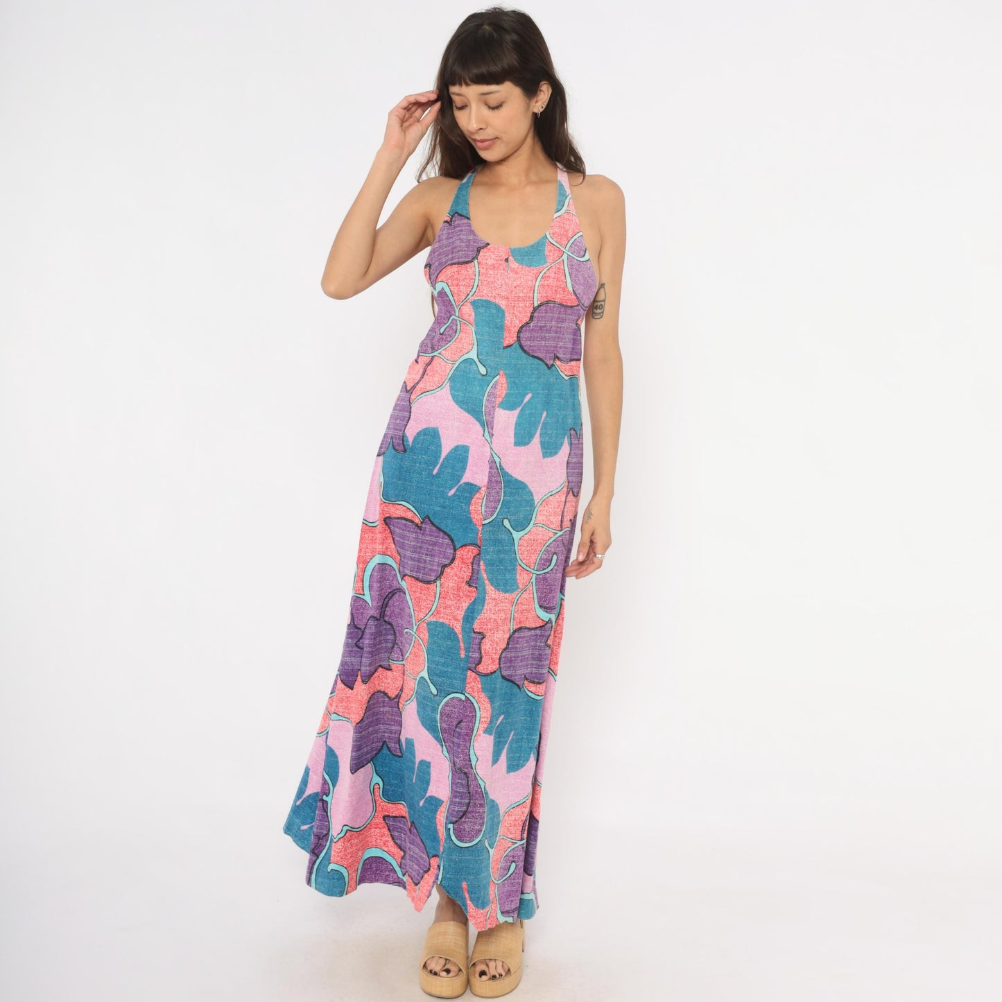 70s Psychedelic Floral Maxi Halter Dress Purple Teal Pink Cotton Small