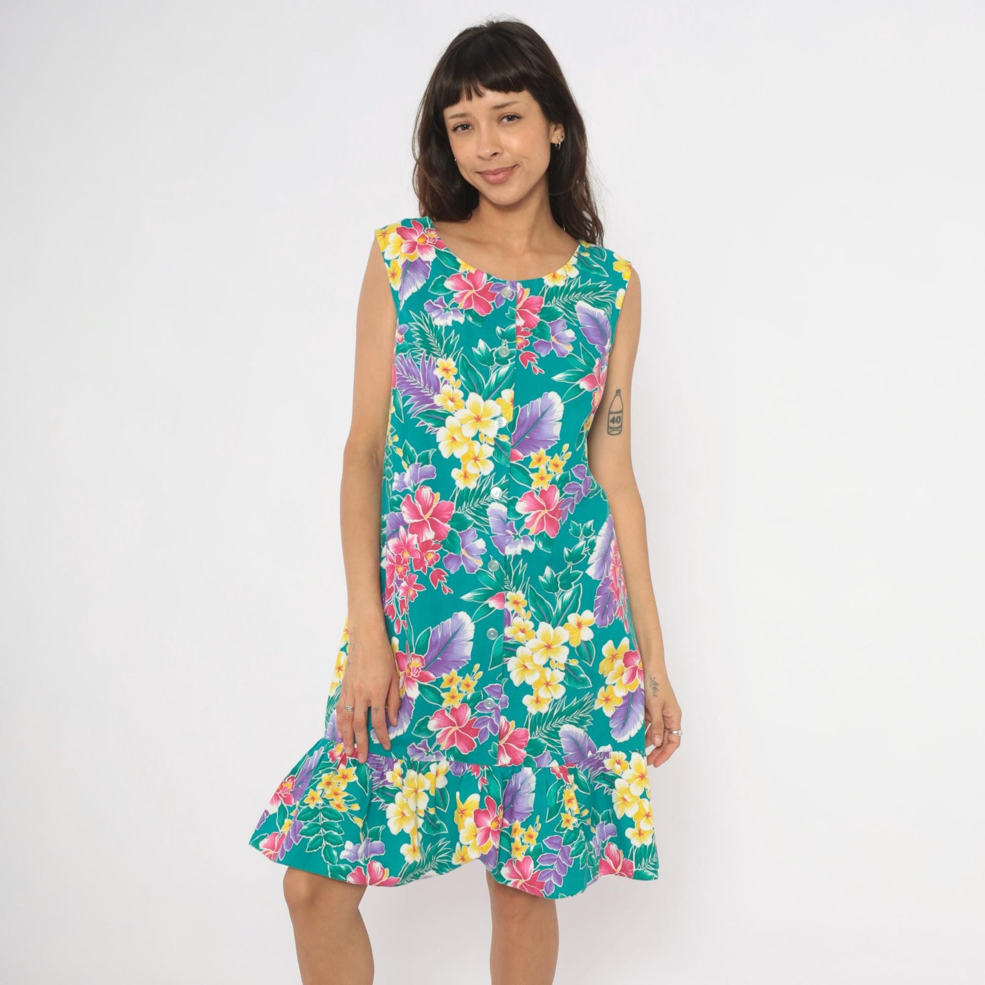 80s Kayla G Tropical Floral Sundress Teal Hawaiian Shift Knee-Length Extra Large XL