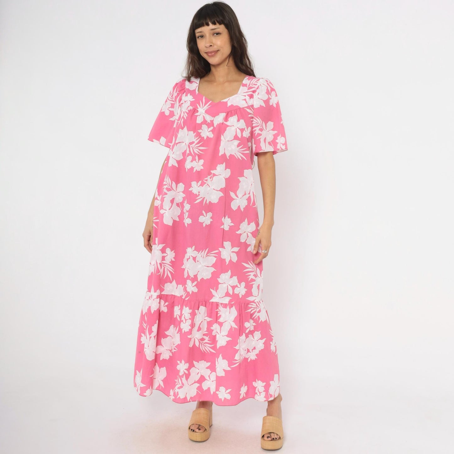 80s Pink Floral Maxi Dress Tropical Hibiscus Puff Sleeve Sweetheart Medium M