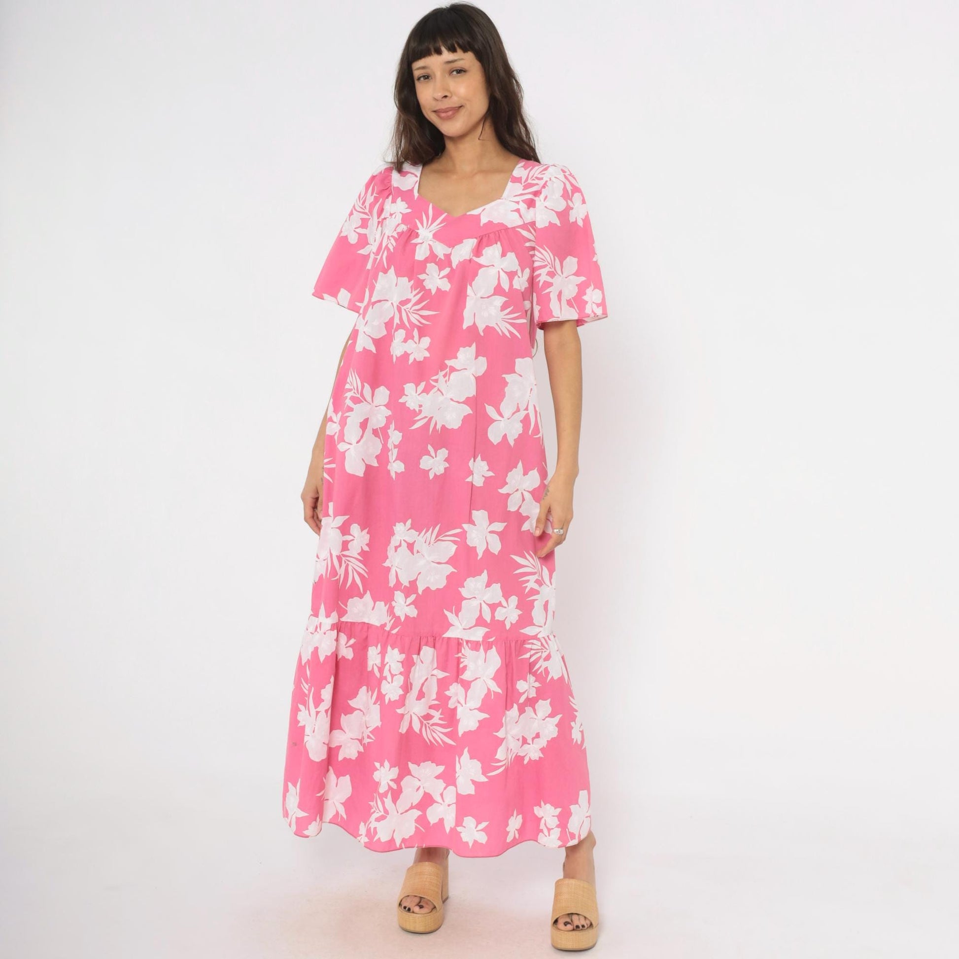 80s Pink Floral Maxi Dress Tropical Hibiscus Puff Sleeve Sweetheart Medium M