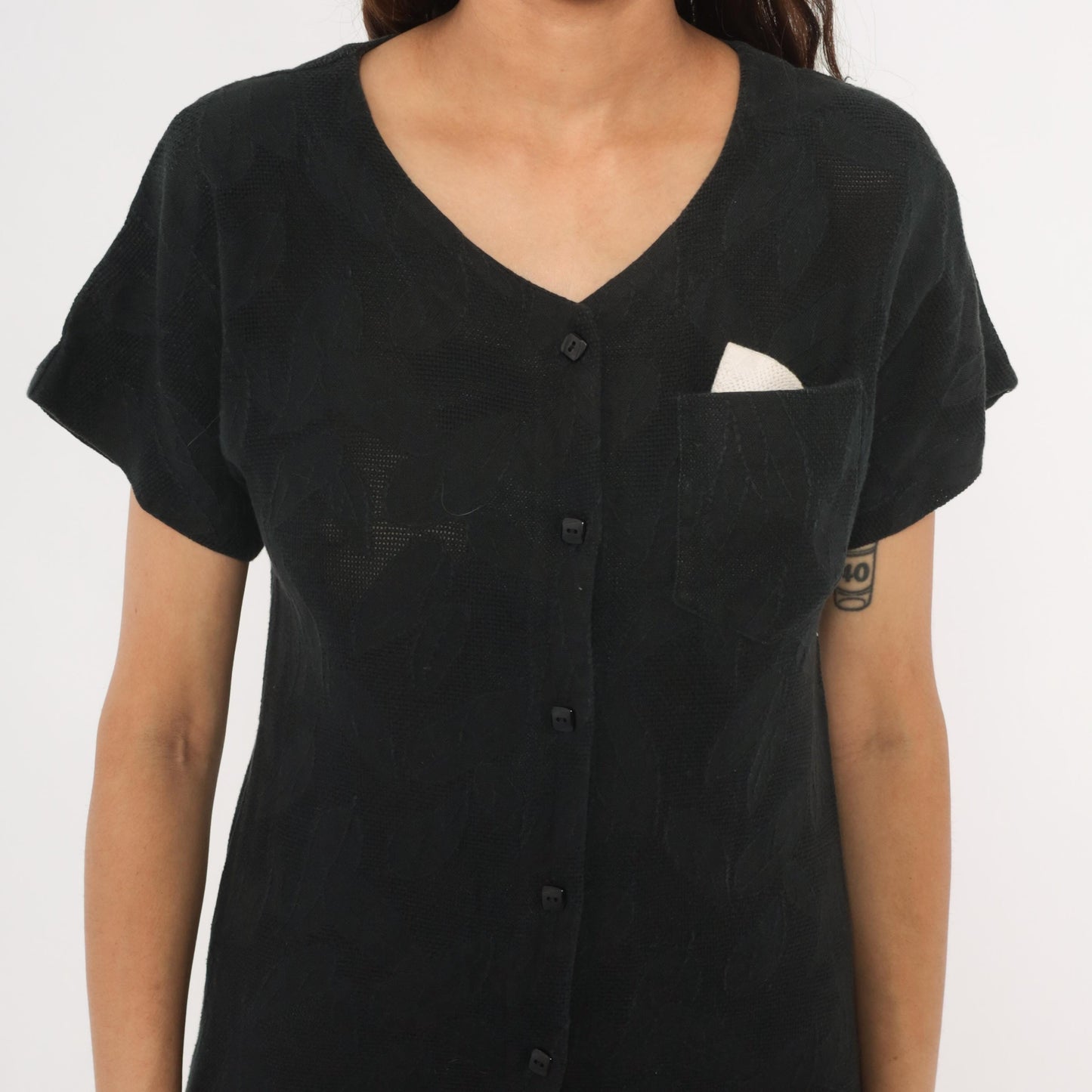 90s Black Cotton Midi Dress Button Front V Neck Drop Waist Small S