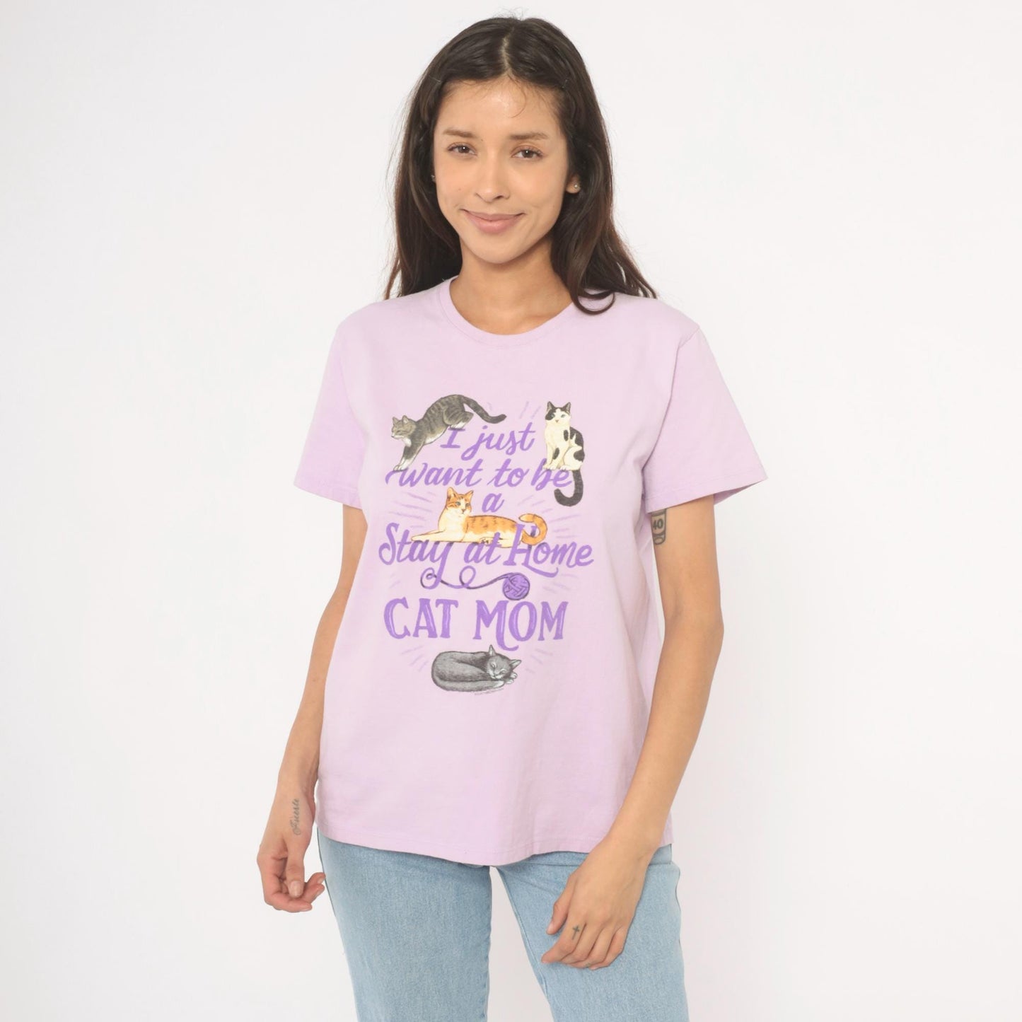 00s Port & Company Stay At Home Cat Mom Graphic Tee Lavender Large L