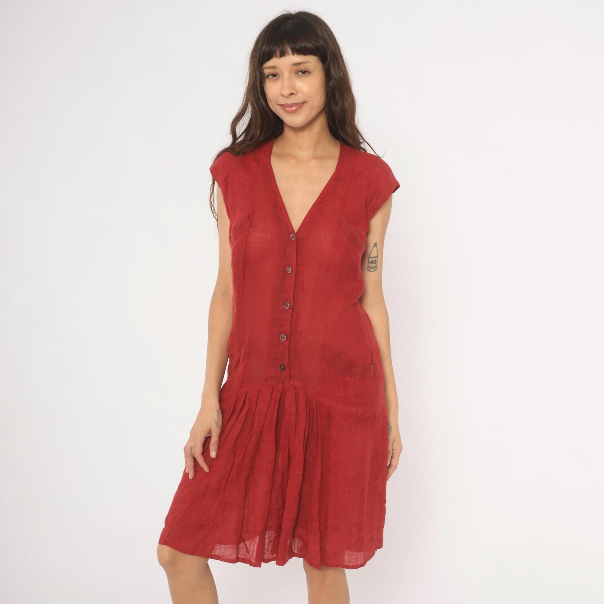 90s Laura Biagiotti Red Linen Dress V Neck Cap Sleeve Drop Waist Medium