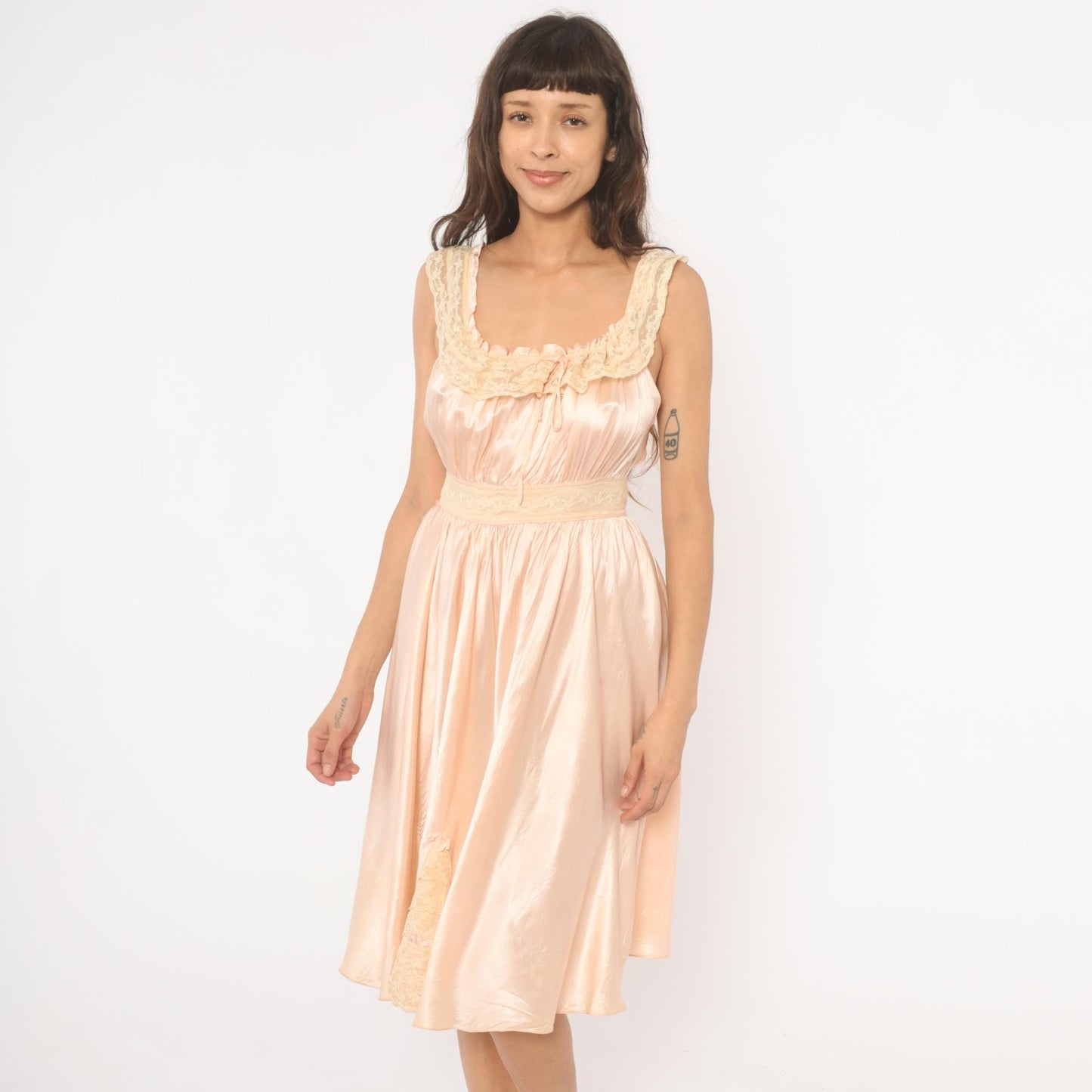 1940s Blush Pink Silk Satin Nightgown Lace Trim Ribbon Tie Small S