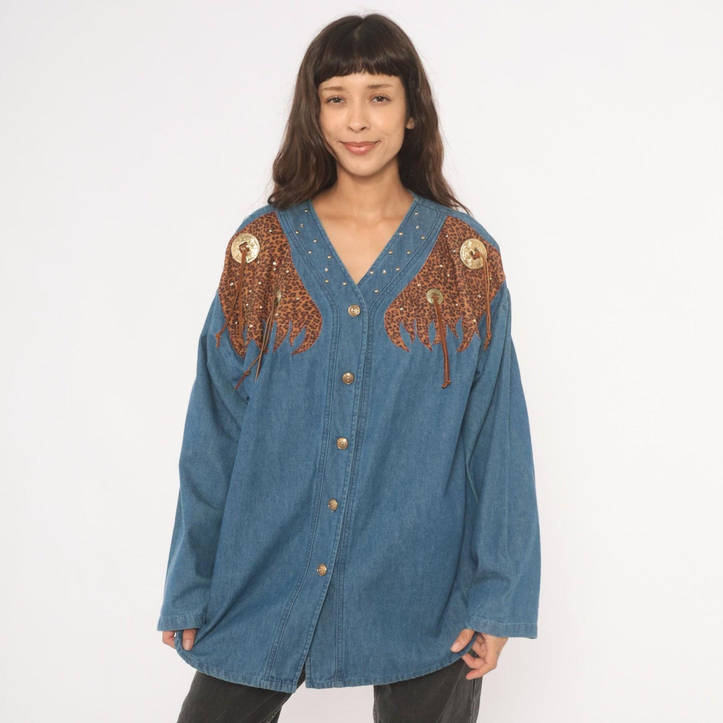 80s Western Leopard Denim Shirt Cotton Studded V-Neck Concho Fringe Large L