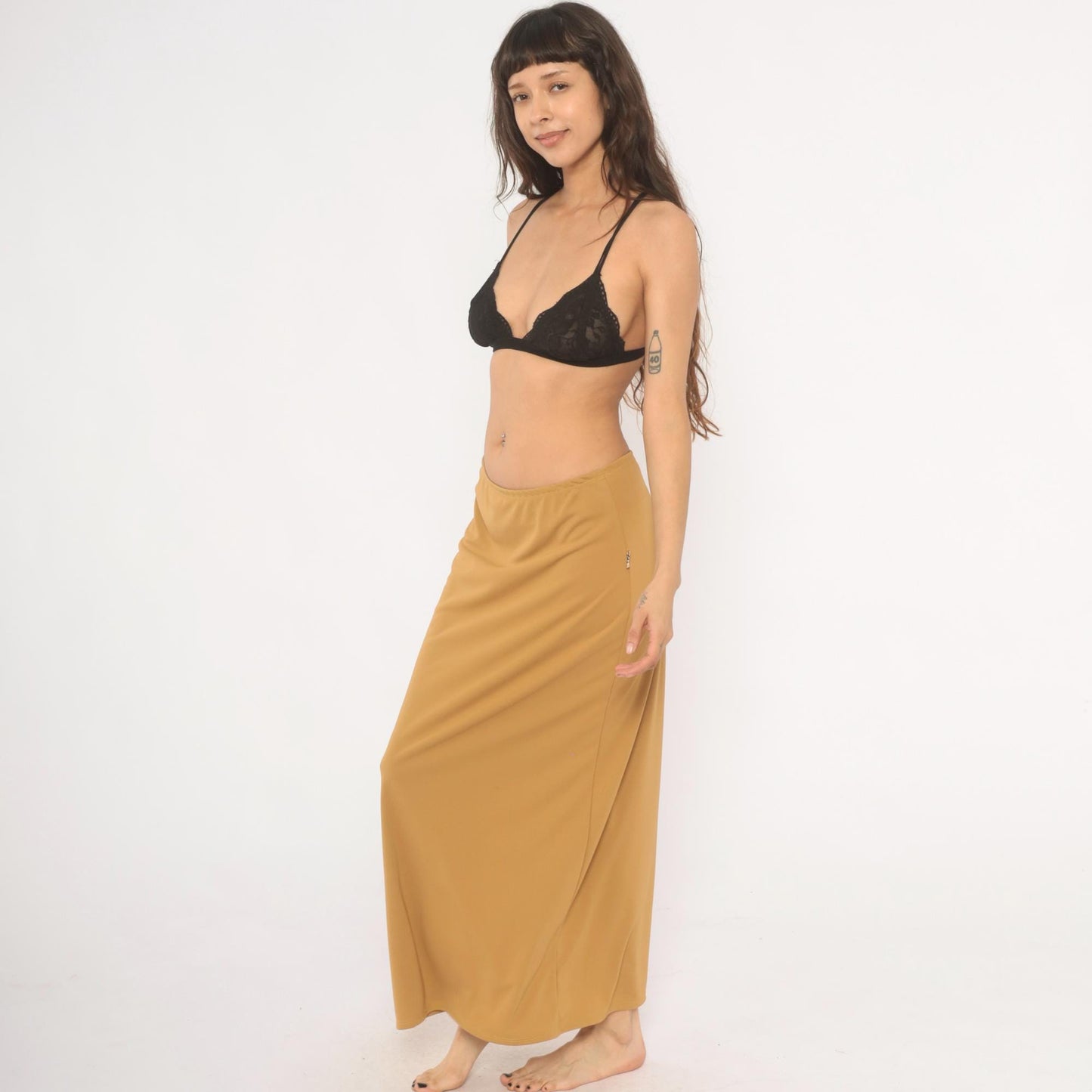 2000s Baby 0 Camel Maxi Skirt Tan A-Line Low Rise Elastic Waist Medium