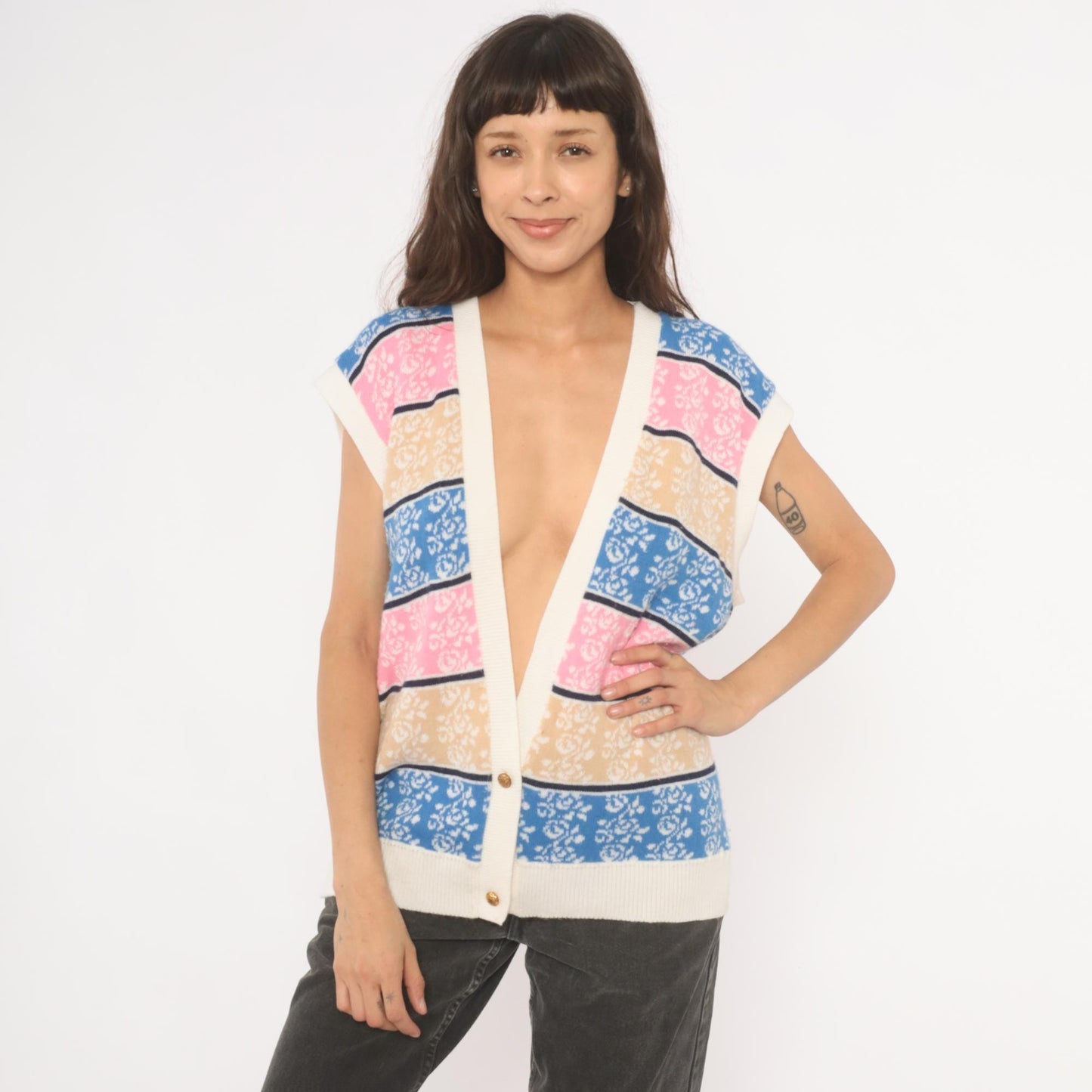 80s Floral Striped Sweater Vest V-Neck Knit Rose Print Blue Pink Cream Large