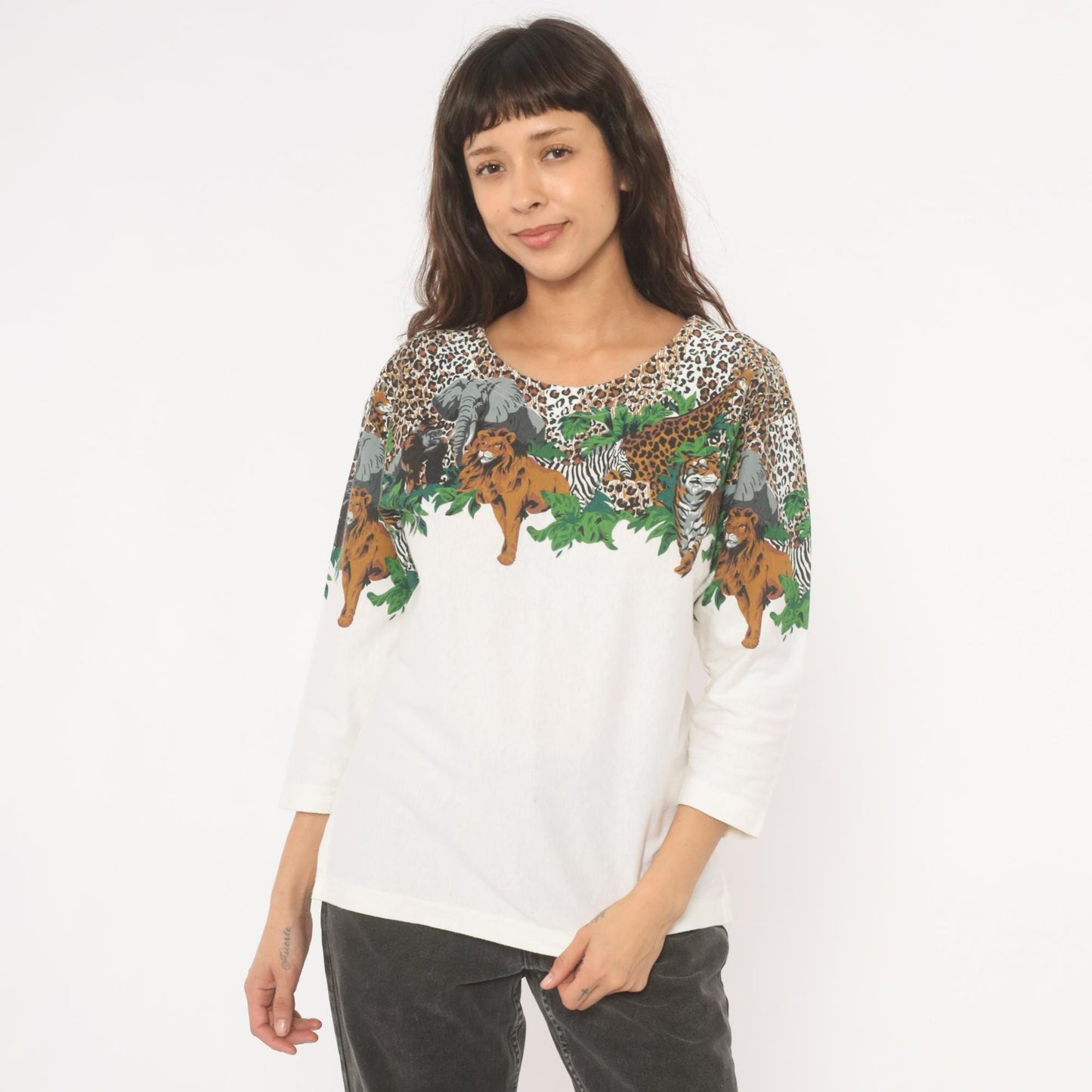 90s Enchante Sport Safari Animal Print Top Jungle Wildlife Cream Medium M