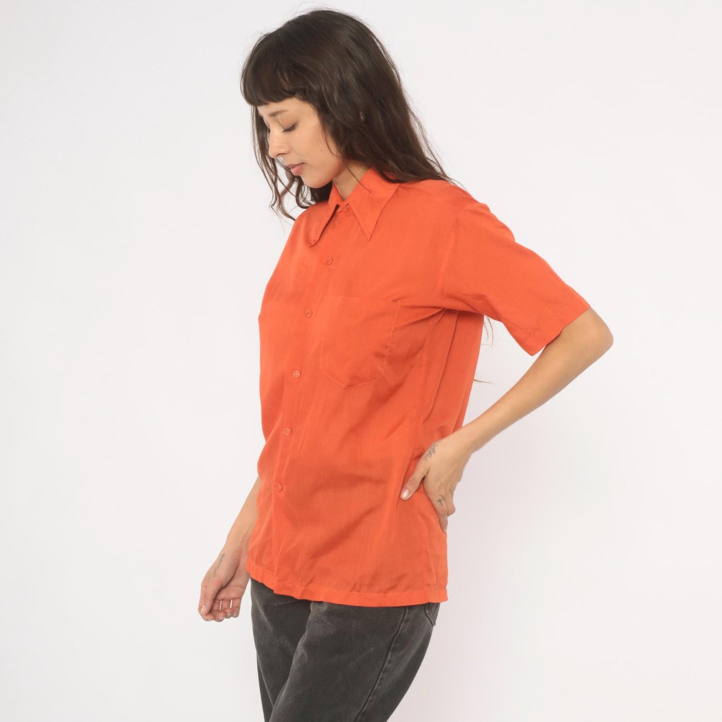 70s Odeon Burnt Orange Button-Up Shirt Pointed Collar Short Sleeve Medium