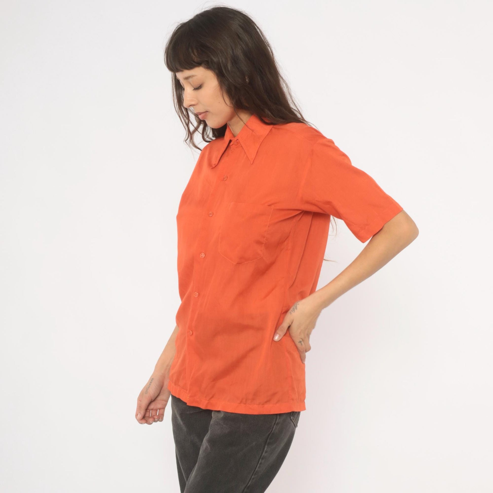 70s Odeon Burnt Orange Button-Up Shirt Pointed Collar Short Sleeve Medium