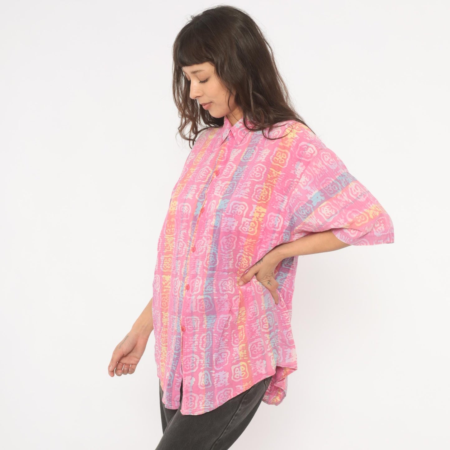 90s Body Objects Batik Print Button-Up Shirt Pink Multicolor Abstract Large L