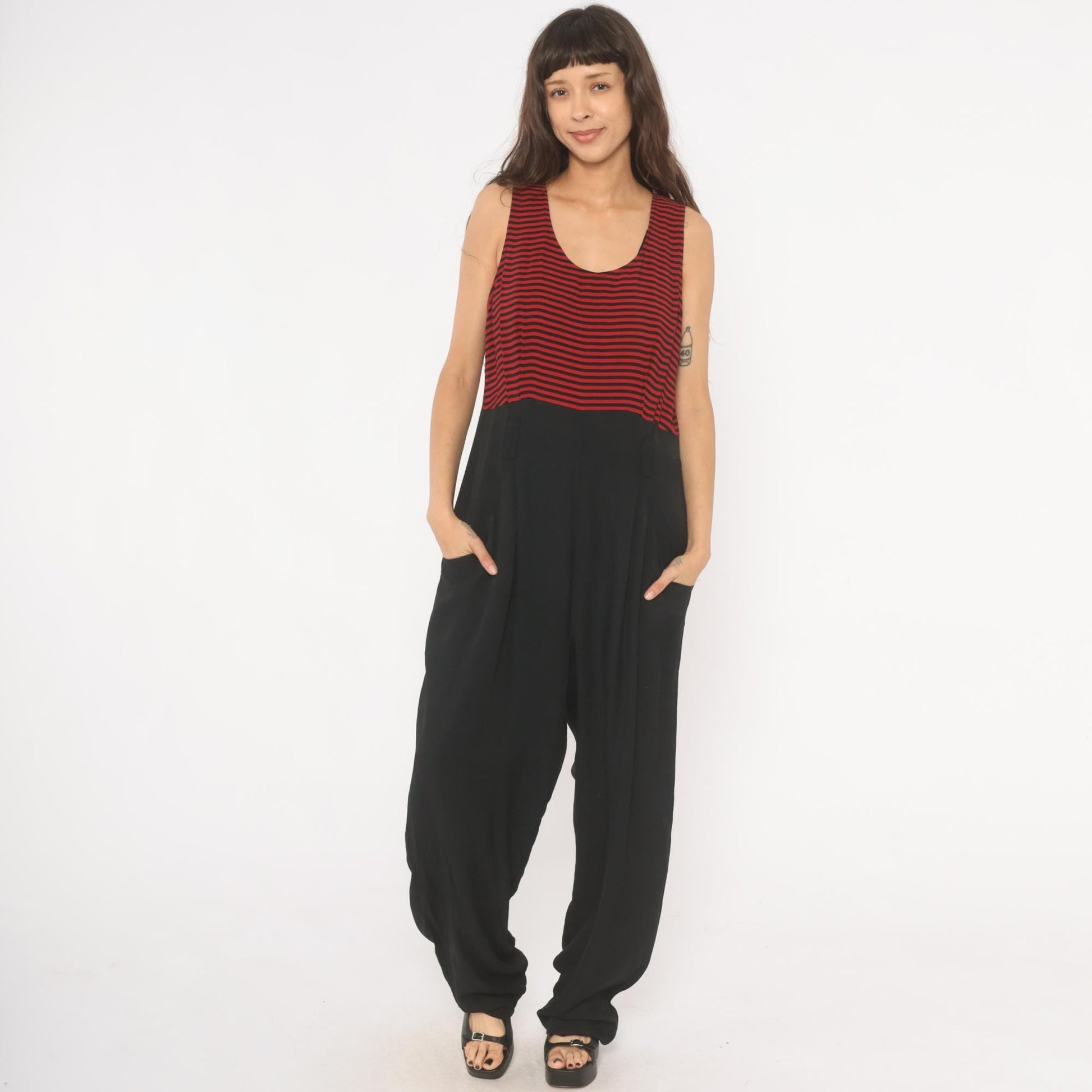 90s Red Black Striped Sleeveless Jumpsuit Wide Leg Maxi Tank Large L