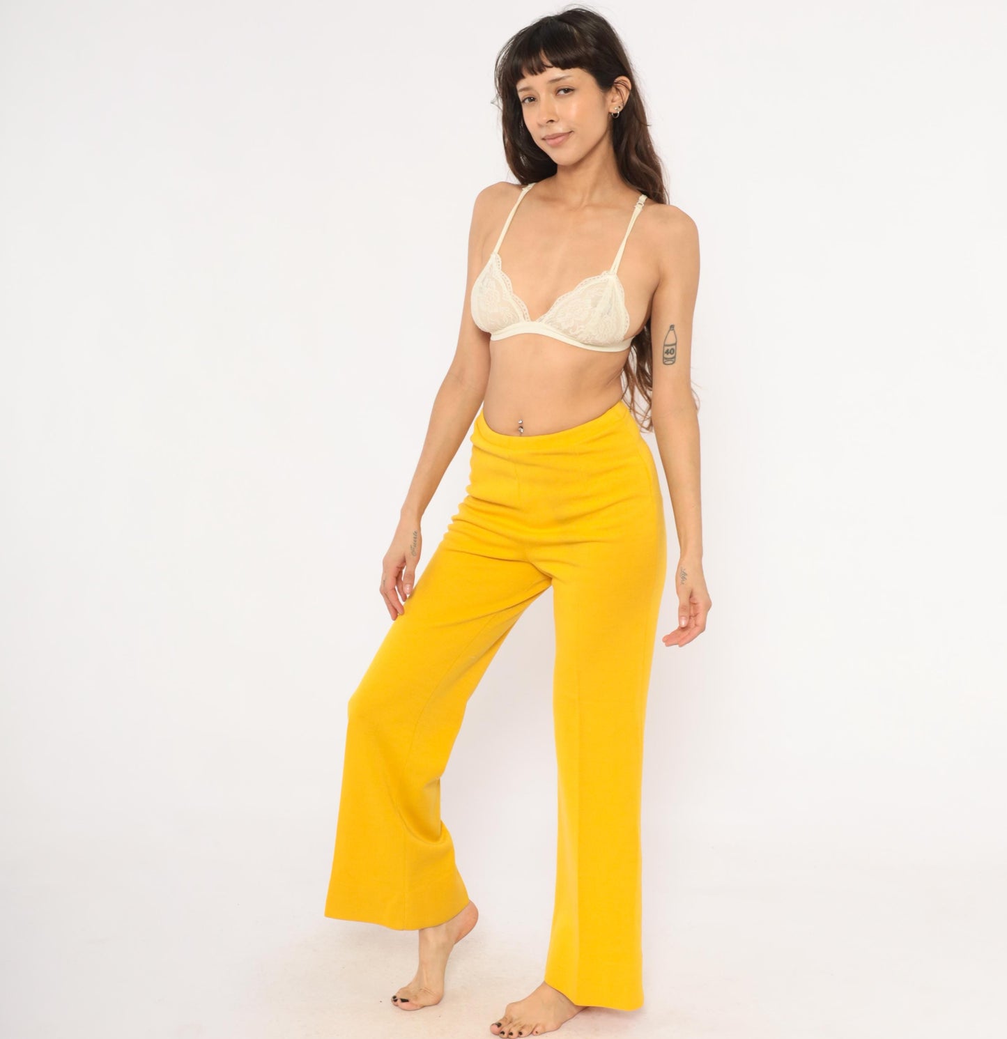 70s Mustard Wide Leg Trousers Pull-On Wool Blend High Waist Straight Leg Large L