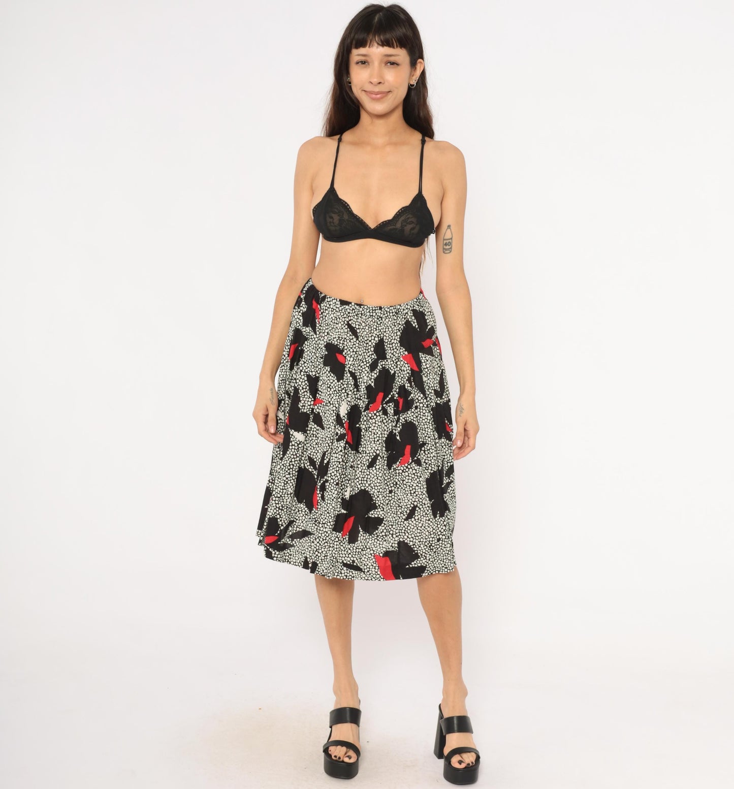 90s Jon Woods Midi Skirt Black White Floral Red Abstract Dotted Medium M