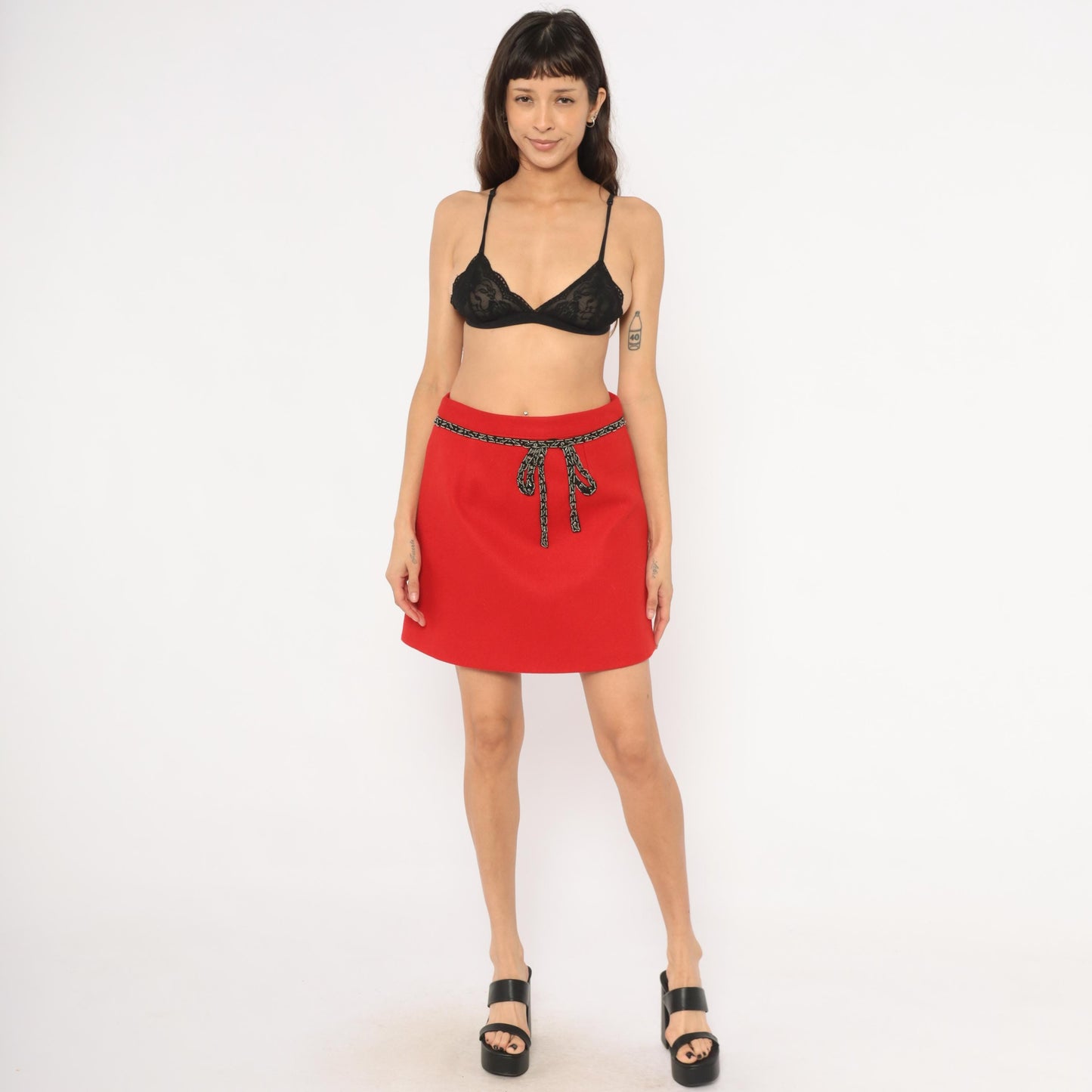 Y2K Red A-Line Mini Skirt Beaded Bow Waistband Large L