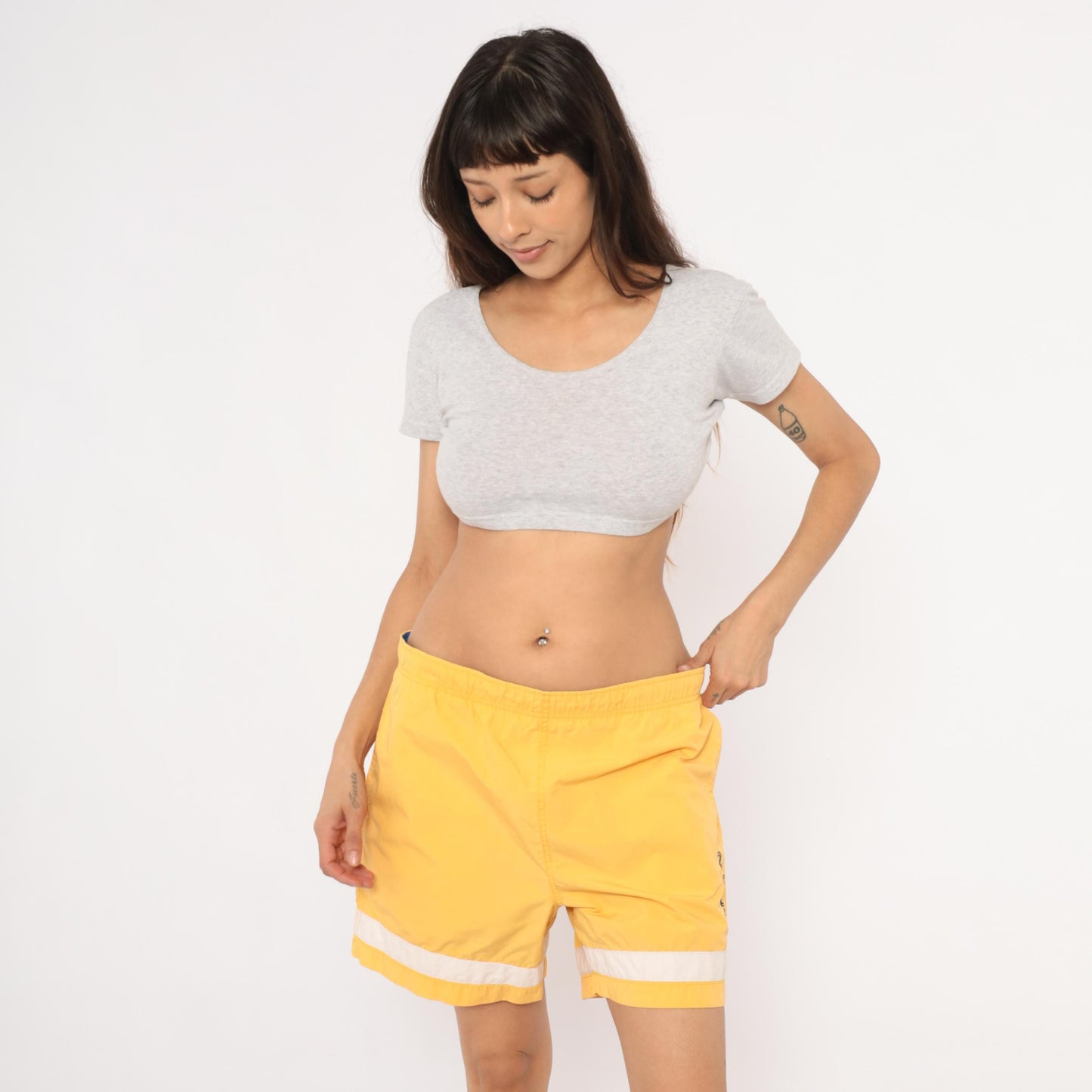 Nautica Yellow Swim Trunks White Stripe Embroidered Logo 2000s Board Short Medium