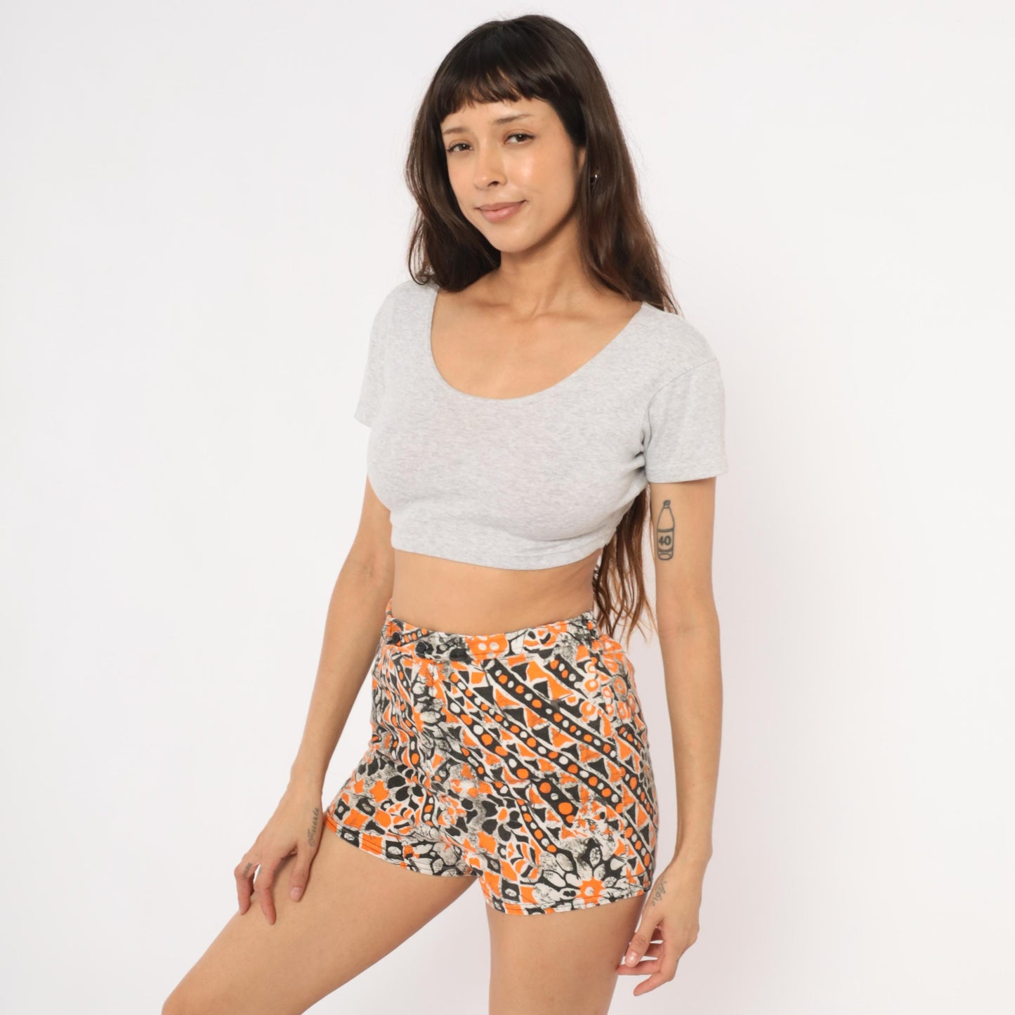 80s Gantner Psychedelic Floral Shorts Orange Black Cotton High Rise Small
