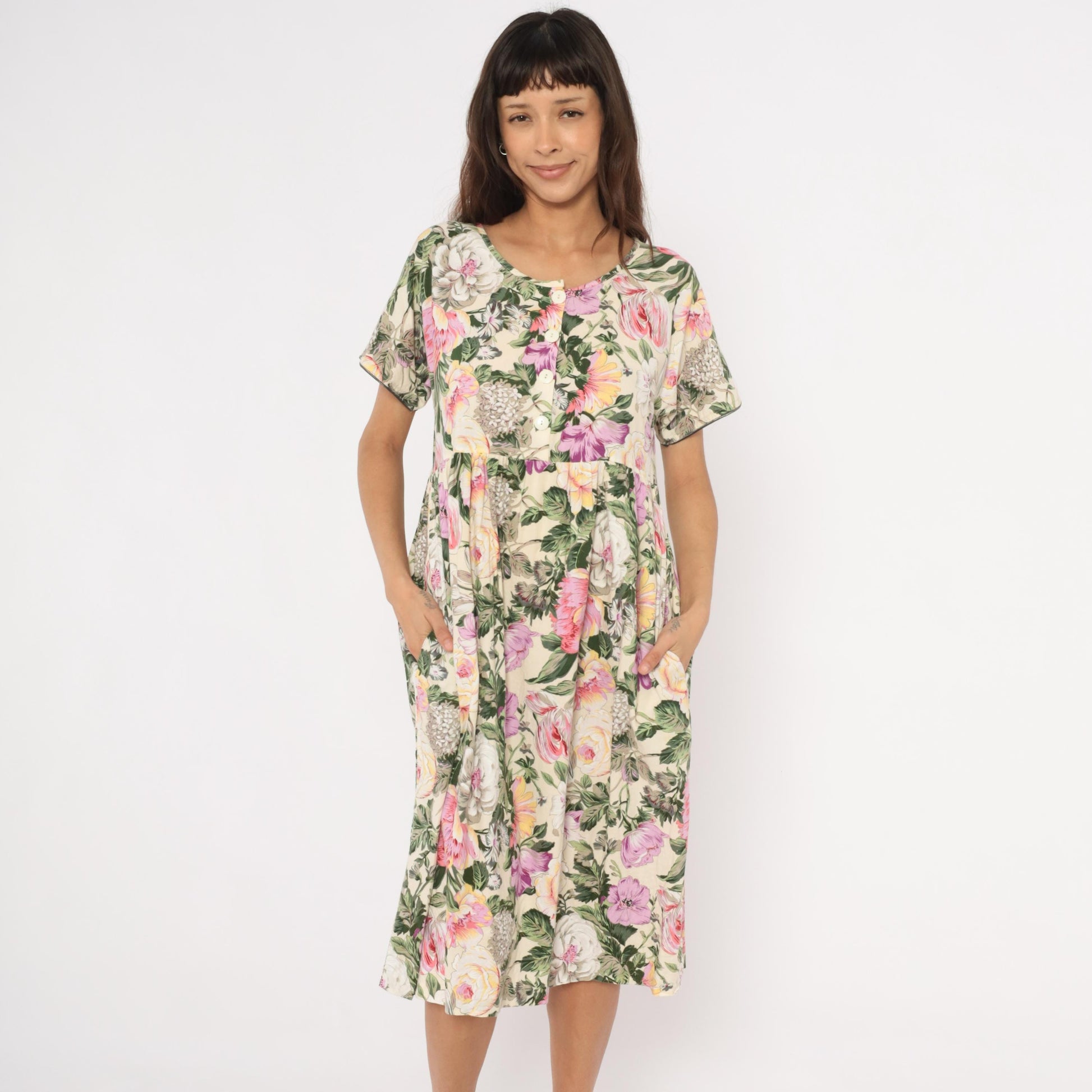 90s Day In Day Out Floral Midi Dress Cream Pink Garden Print Cotton Medium M