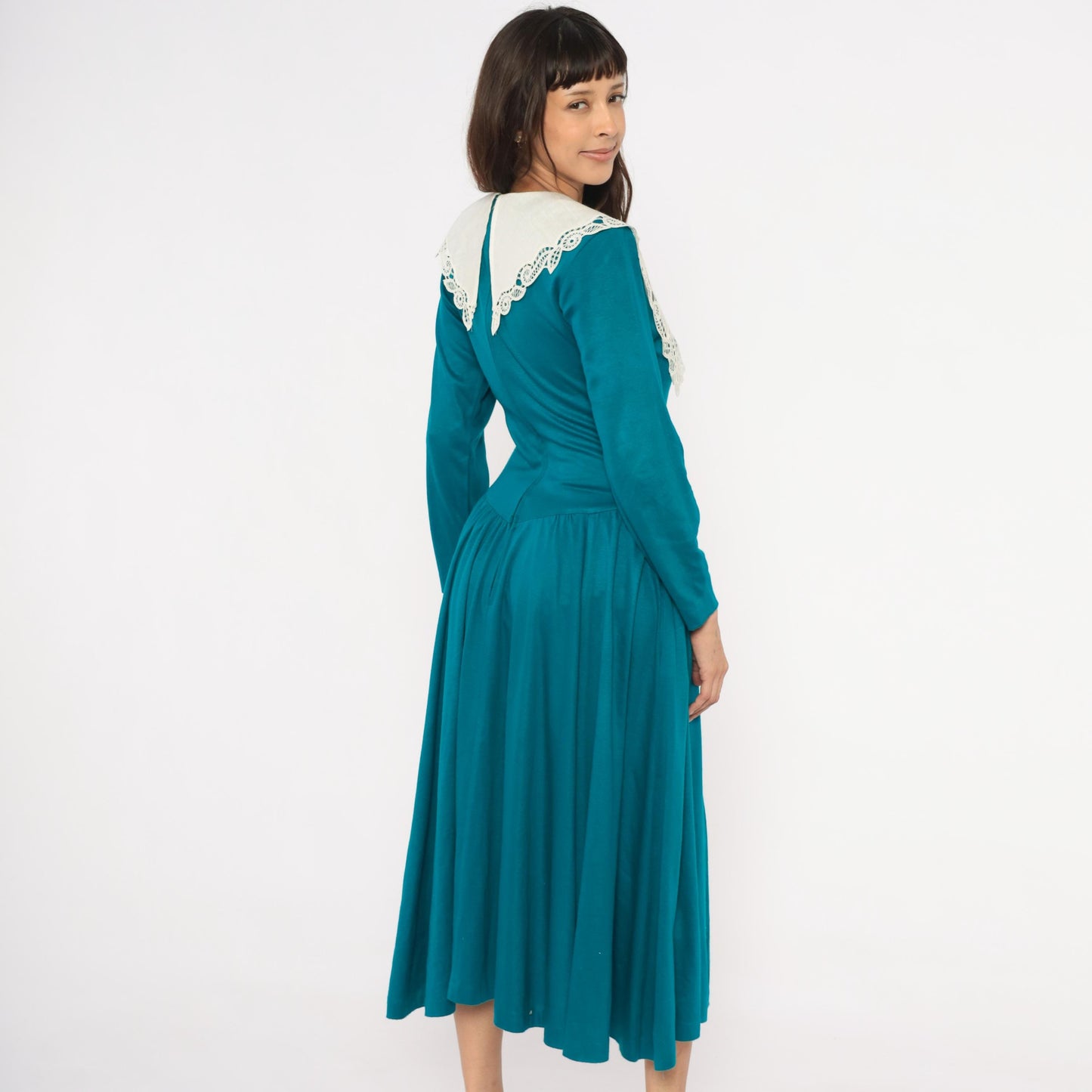 80s Expo Teal Midi Dress Cream Scalloped Lace Collar Small Medium