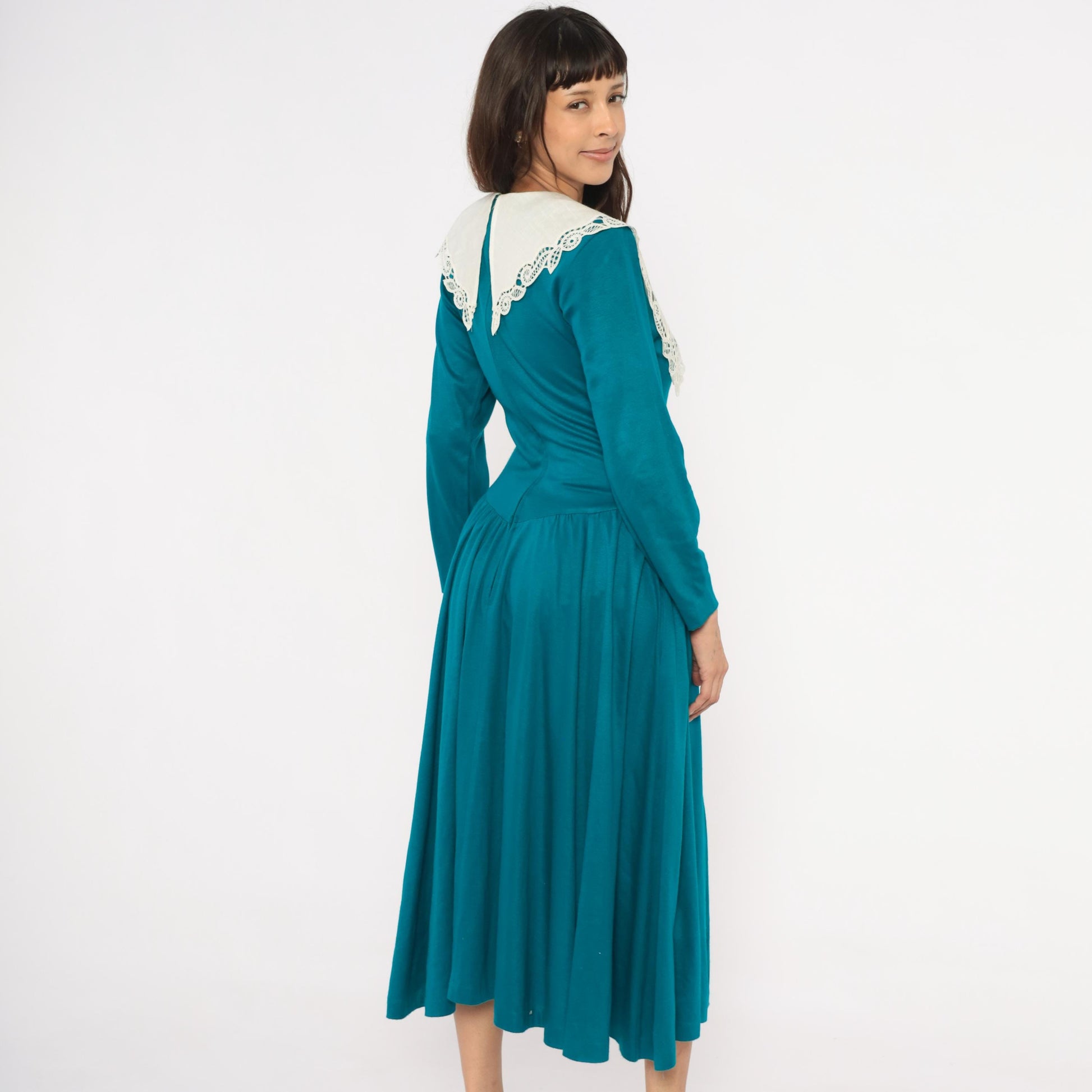 80s Expo Teal Midi Dress Cream Scalloped Lace Collar Small Medium